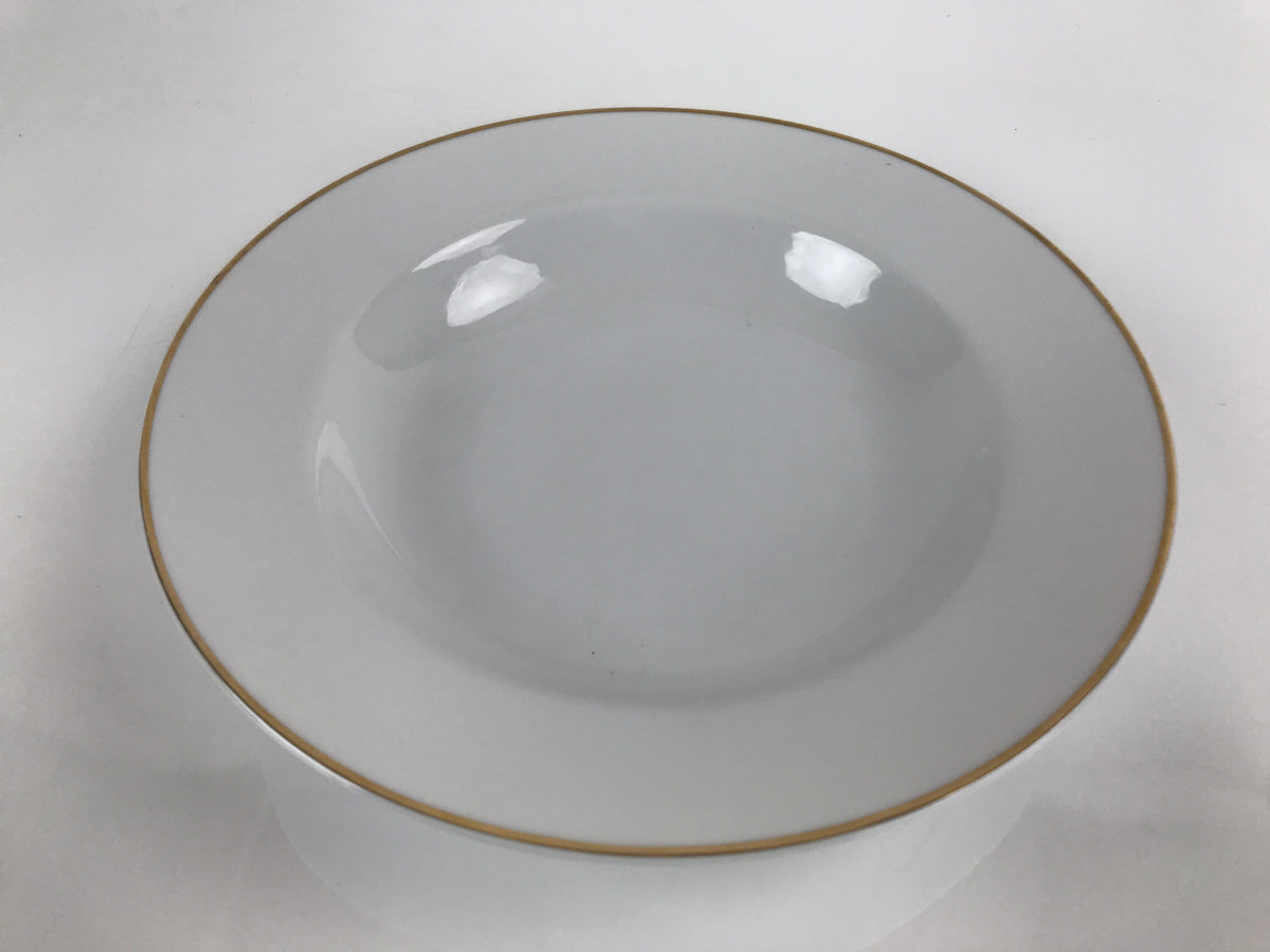 Japanese Porcelain Soup Pasta Bowl Vtg Simple Round Plate White Gold Rim PY828