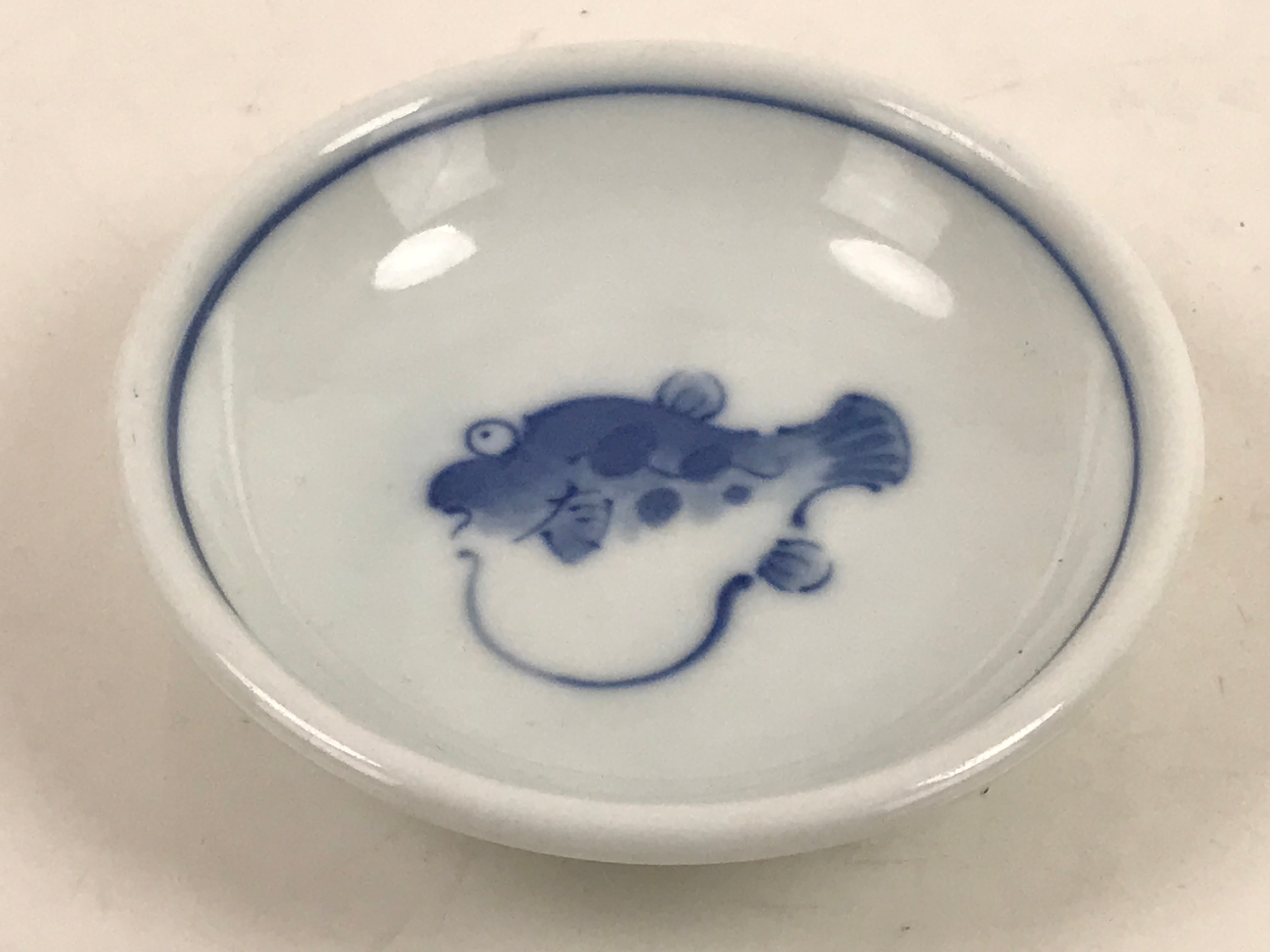 Japanese Porcelain Soy Sauce Dish Seiji Small Dipping Bowl Pufferfish Fugu Y116