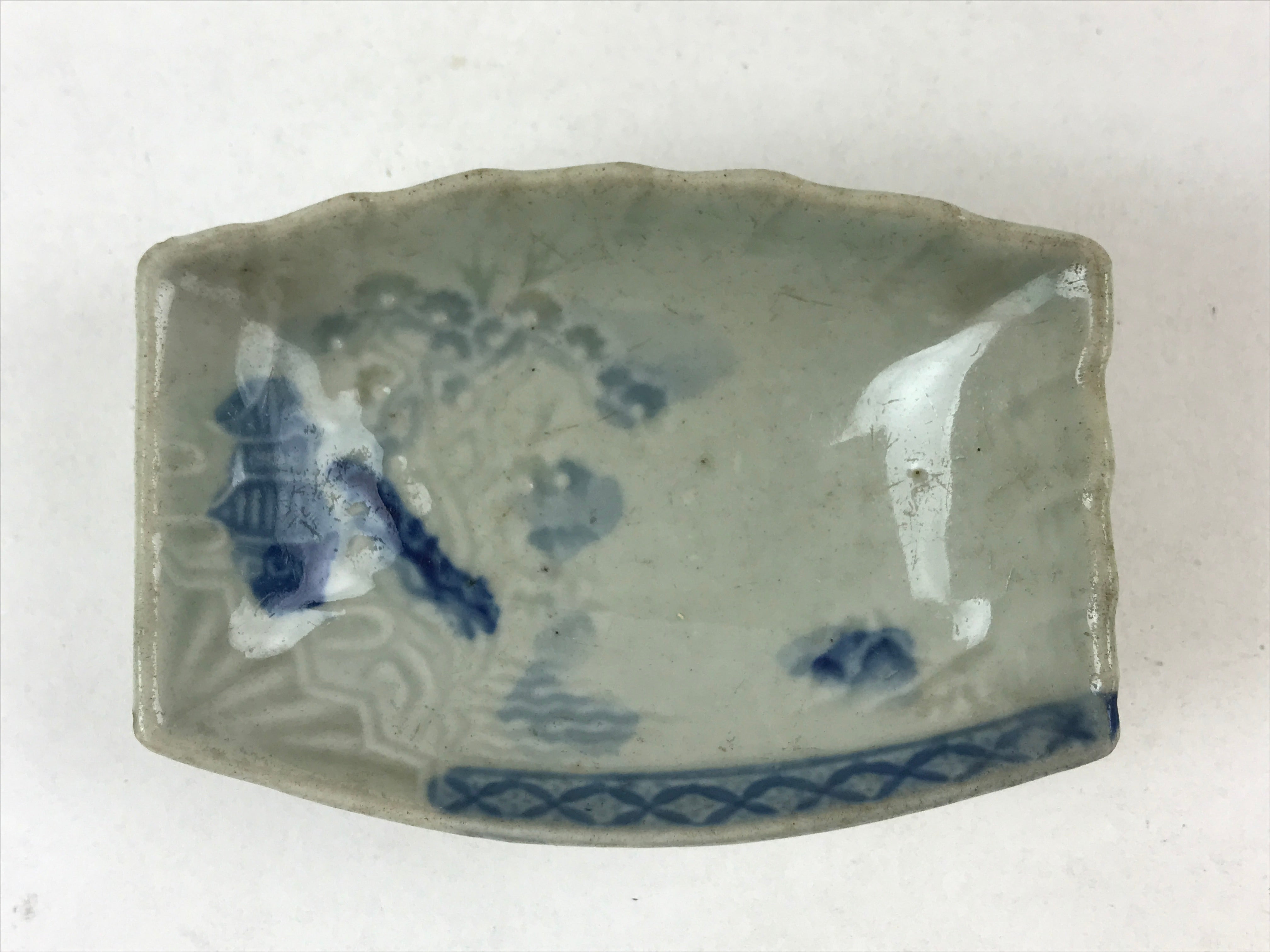 Japanese Porcelain Soy Sauce Dish Seiji Vtg Small Dipping Bowl Blue Temple PY518
