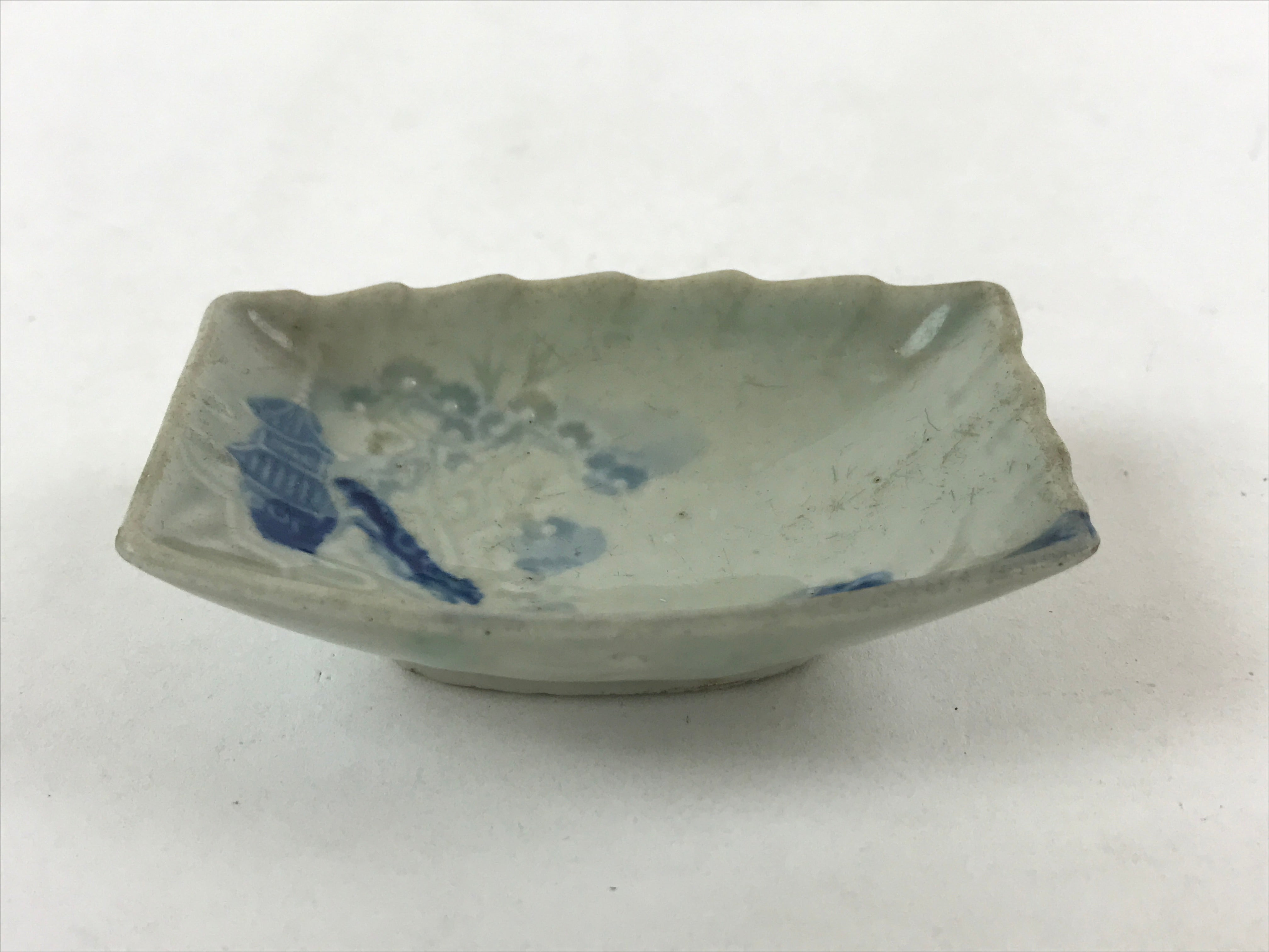 Japanese Porcelain Soy Sauce Dish Seiji Vtg Small Dipping Bowl Blue Temple PY518