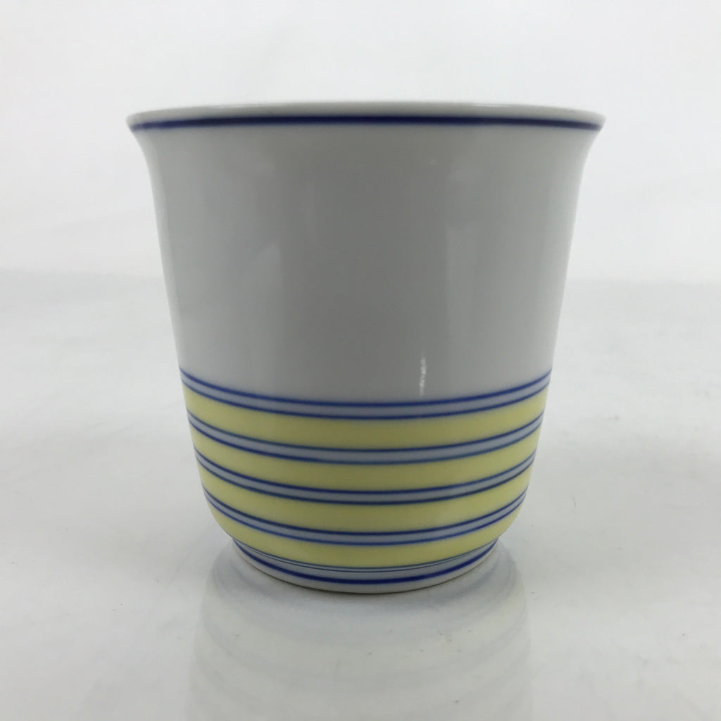 Japanese Porcelain Tachikichi Teacup Vtg White Yellow Blue Lines Yunomi TC447