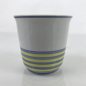 Japanese Porcelain Tachikichi Teacup Vtg White Yellow Blue Lines Yunomi TC447