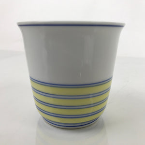 Japanese Porcelain Tachikichi Teacup Vtg White Yellow Blue Lines Yunomi TC448