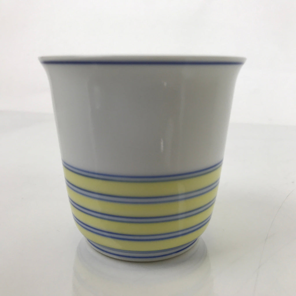 Japanese Porcelain Tachikichi Teacup Vtg White Yellow Blue Lines Yunomi TC448