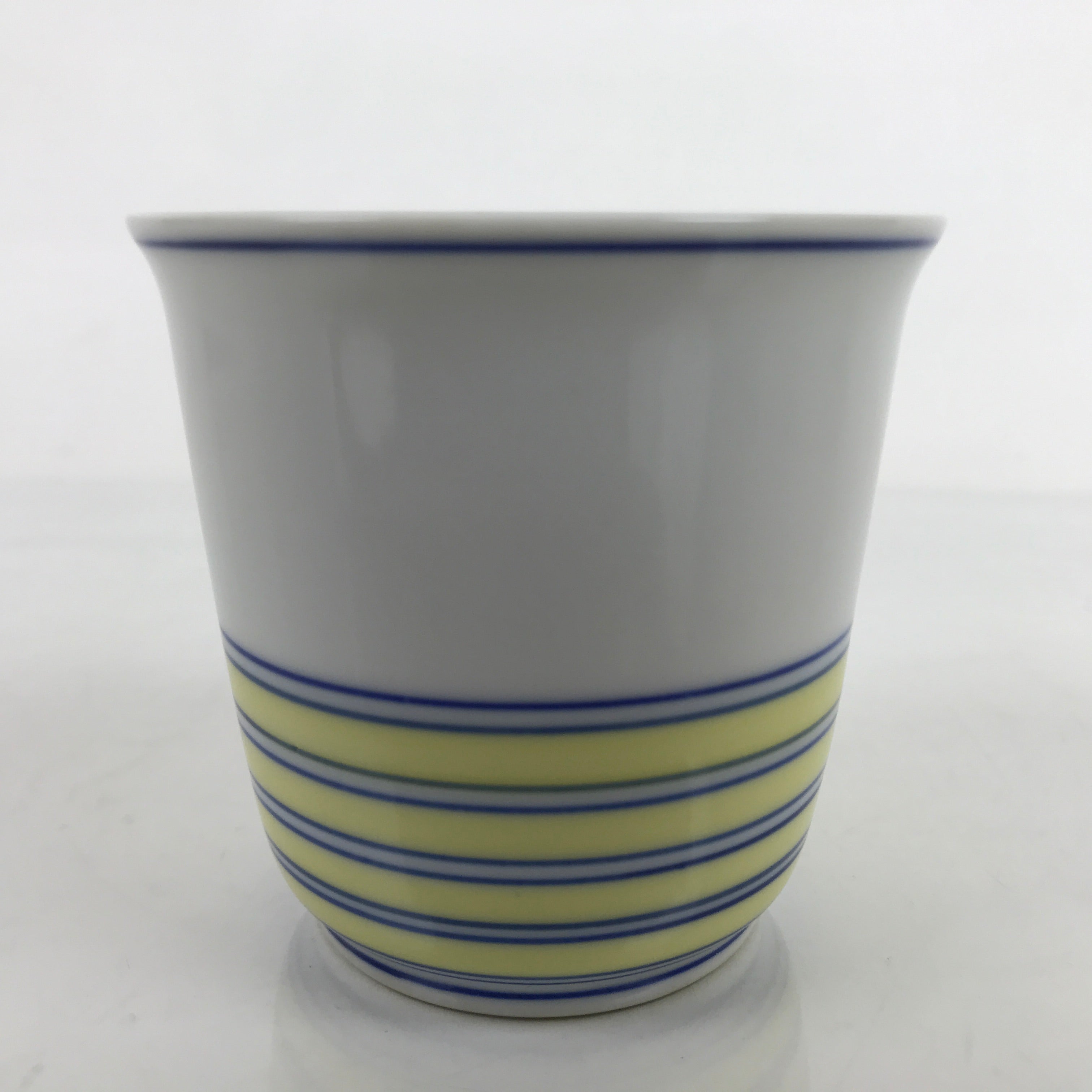 Japanese Porcelain Tachikichi Teacup Vtg White Yellow Blue Lines Yunomi TC449