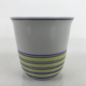 Japanese Porcelain Tachikichi Teacup Vtg White Yellow Blue Lines Yunomi TC449