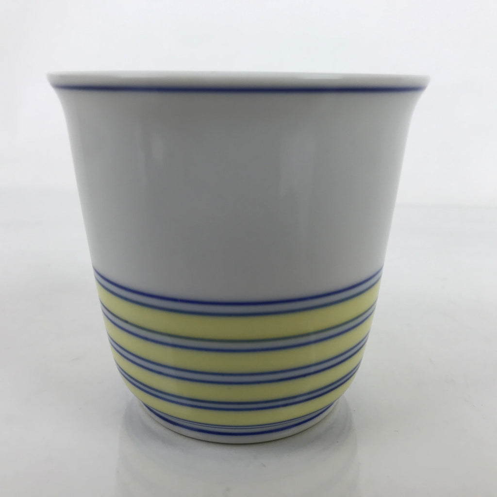Japanese Porcelain Tachikichi Teacup Vtg White Yellow Blue Lines Yunomi TC449