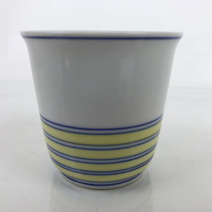 Japanese Porcelain Tachikichi Teacup Vtg White Yellow Blue Lines Yunomi TC449