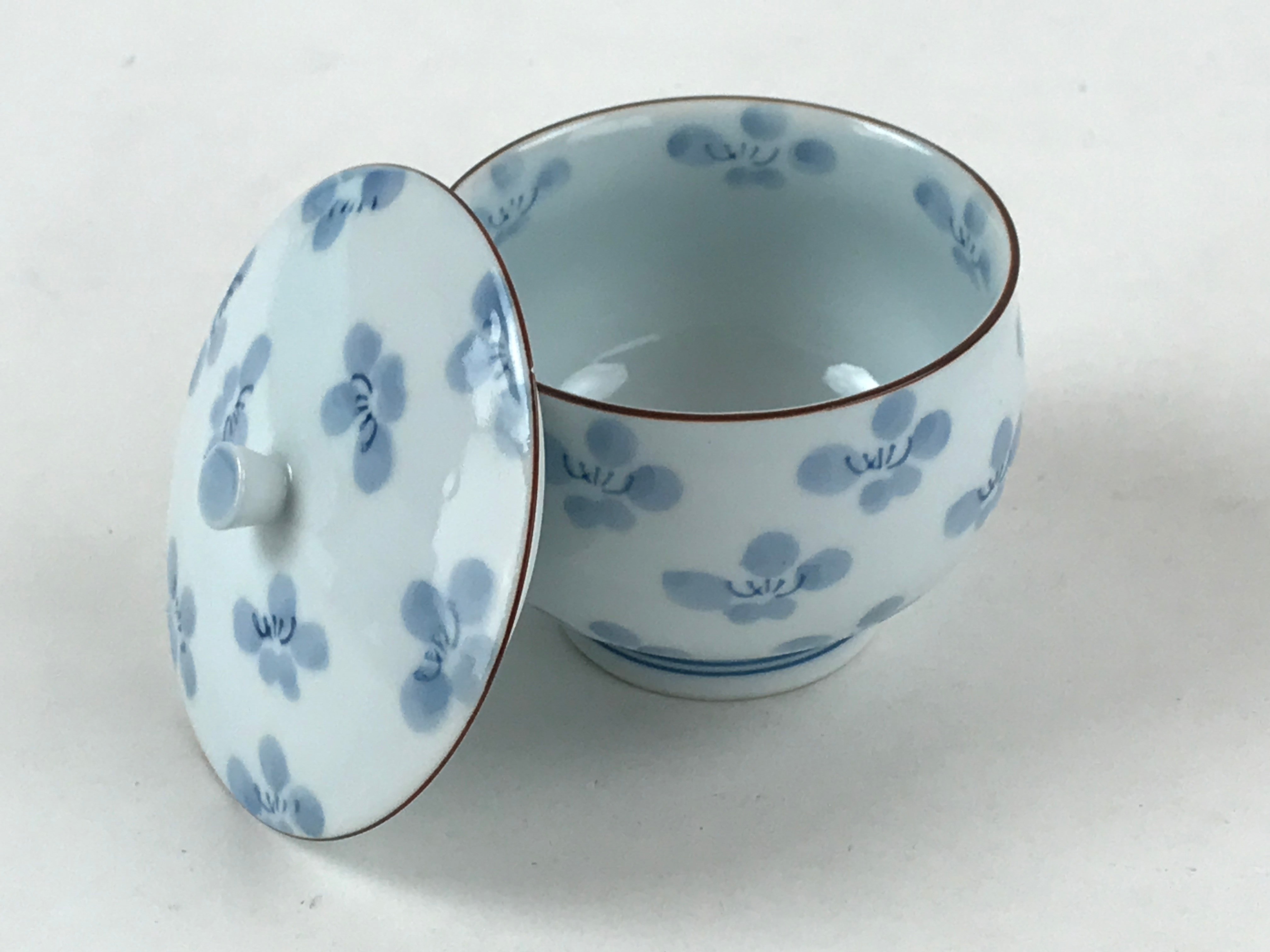 Japanese Porcelain Teacup Chawan Vtg Lidded Flowers Blue Pottery Yunomi TC385