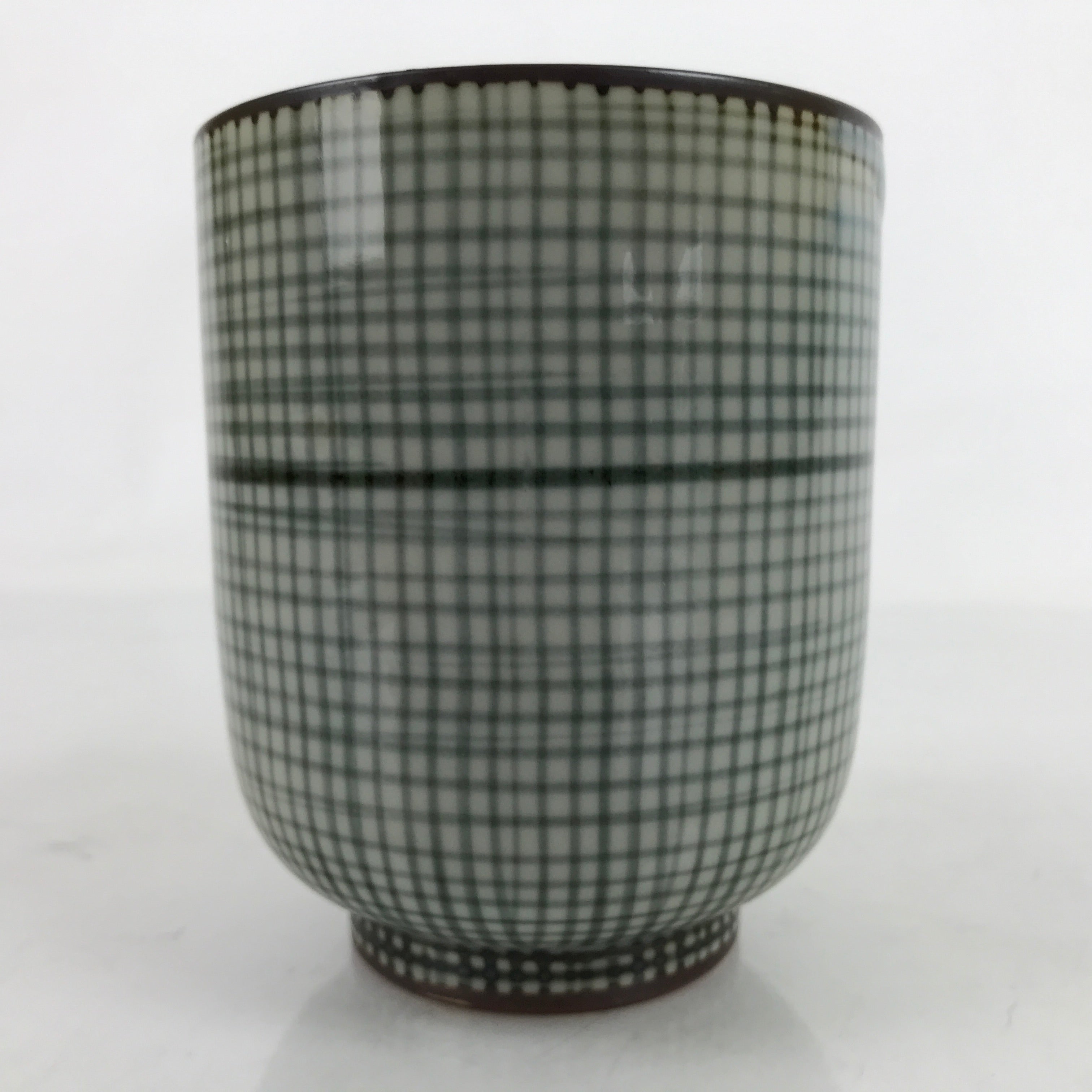 Japanese Porcelain Teacup Vtg Brown Gray Grid Pattern Sencha Yunomi TC463