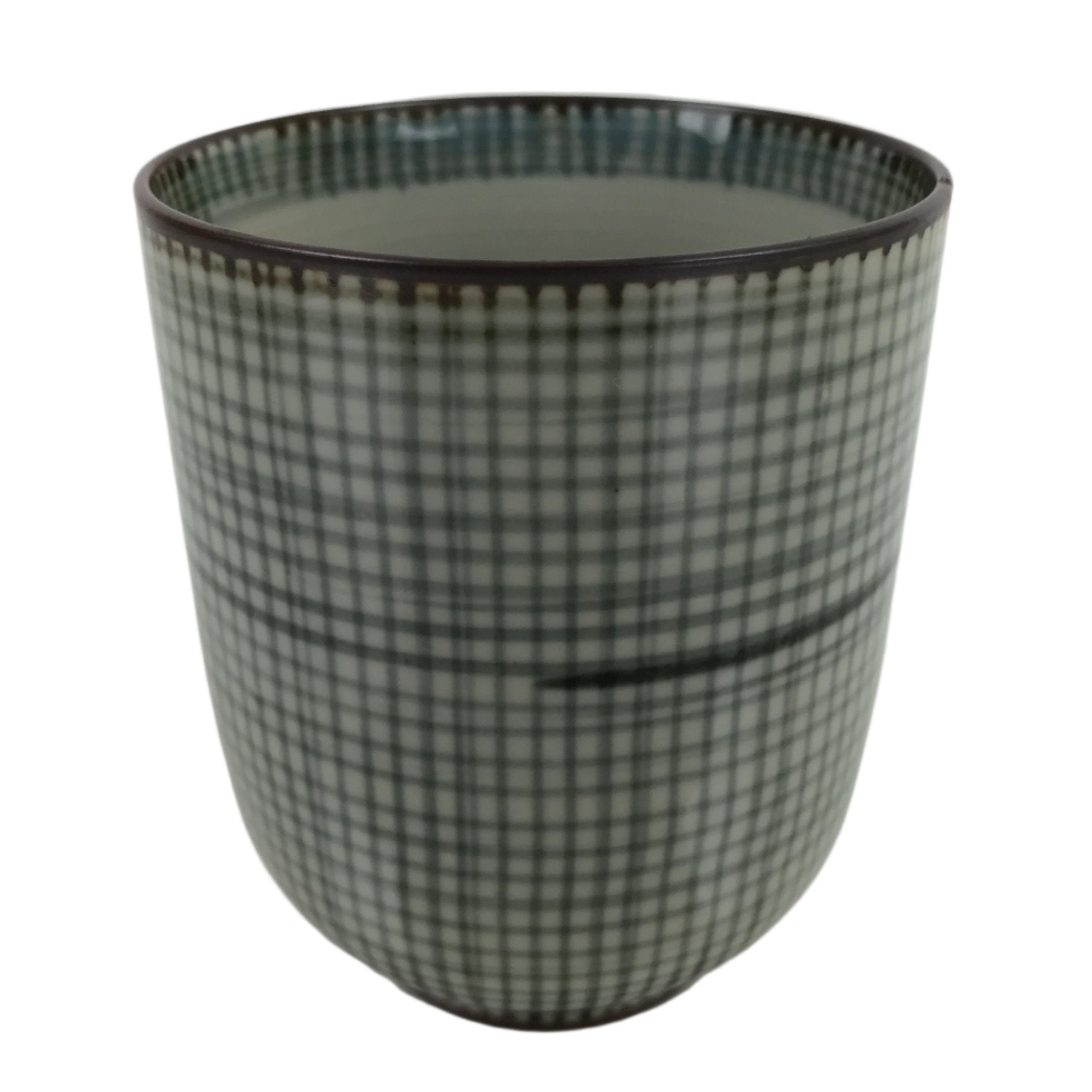 Japanese Porcelain Teacup Vtg Brown Gray Grid Pattern Sencha Yunomi TC463