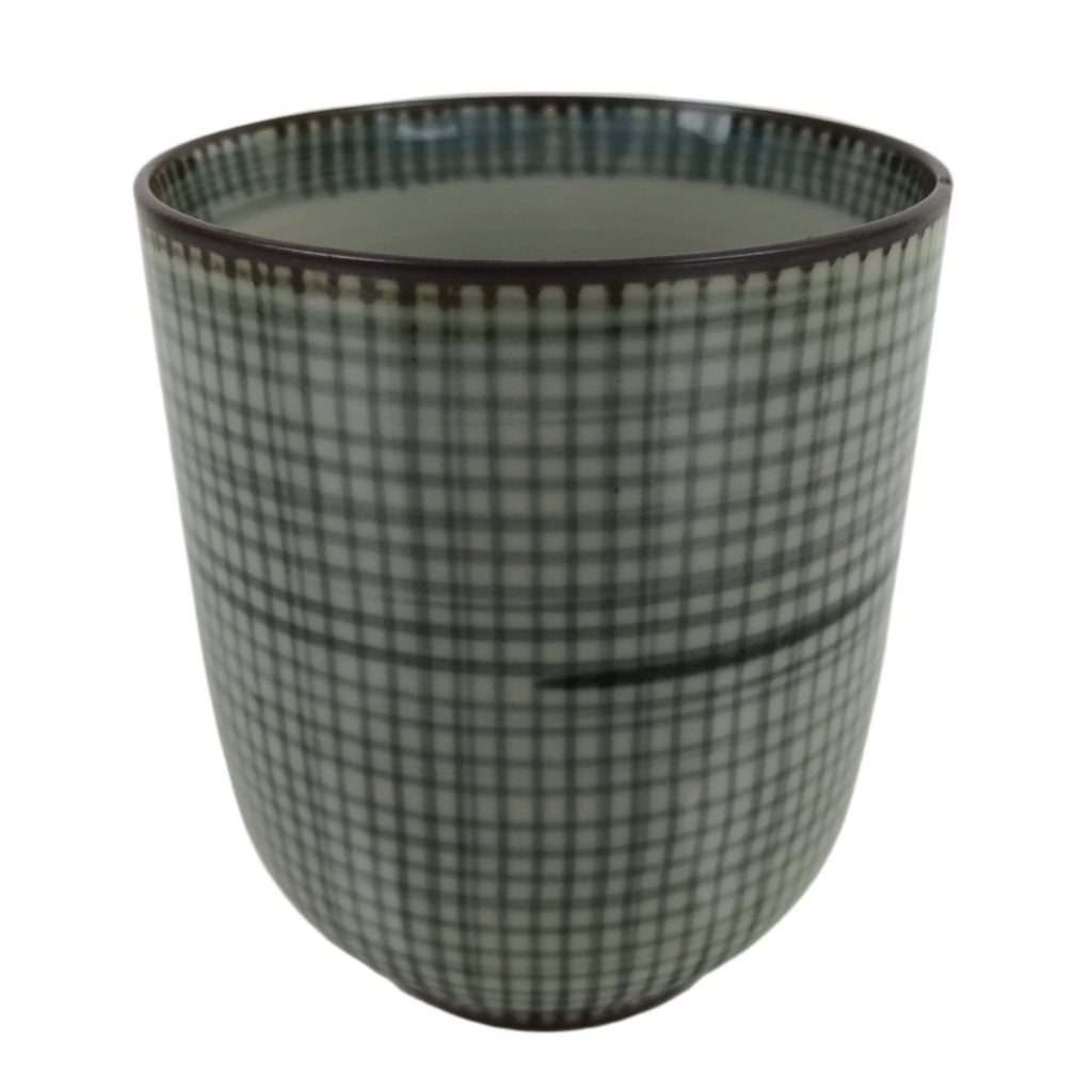 Japanese Porcelain Teacup Vtg Brown Gray Grid Pattern Sencha Yunomi TC463