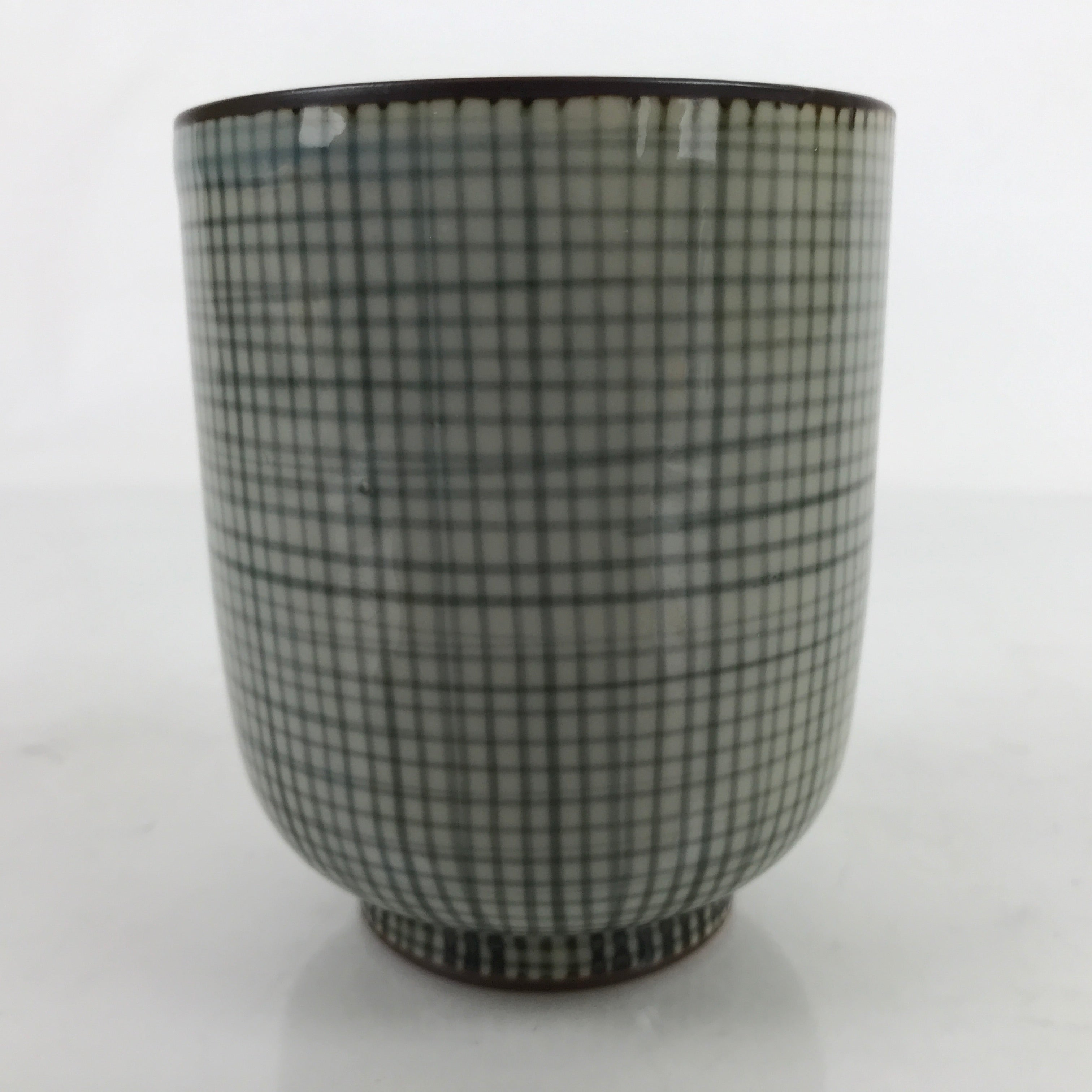 Japanese Porcelain Teacup Vtg Brown Gray Grid Pattern Sencha Yunomi TC464