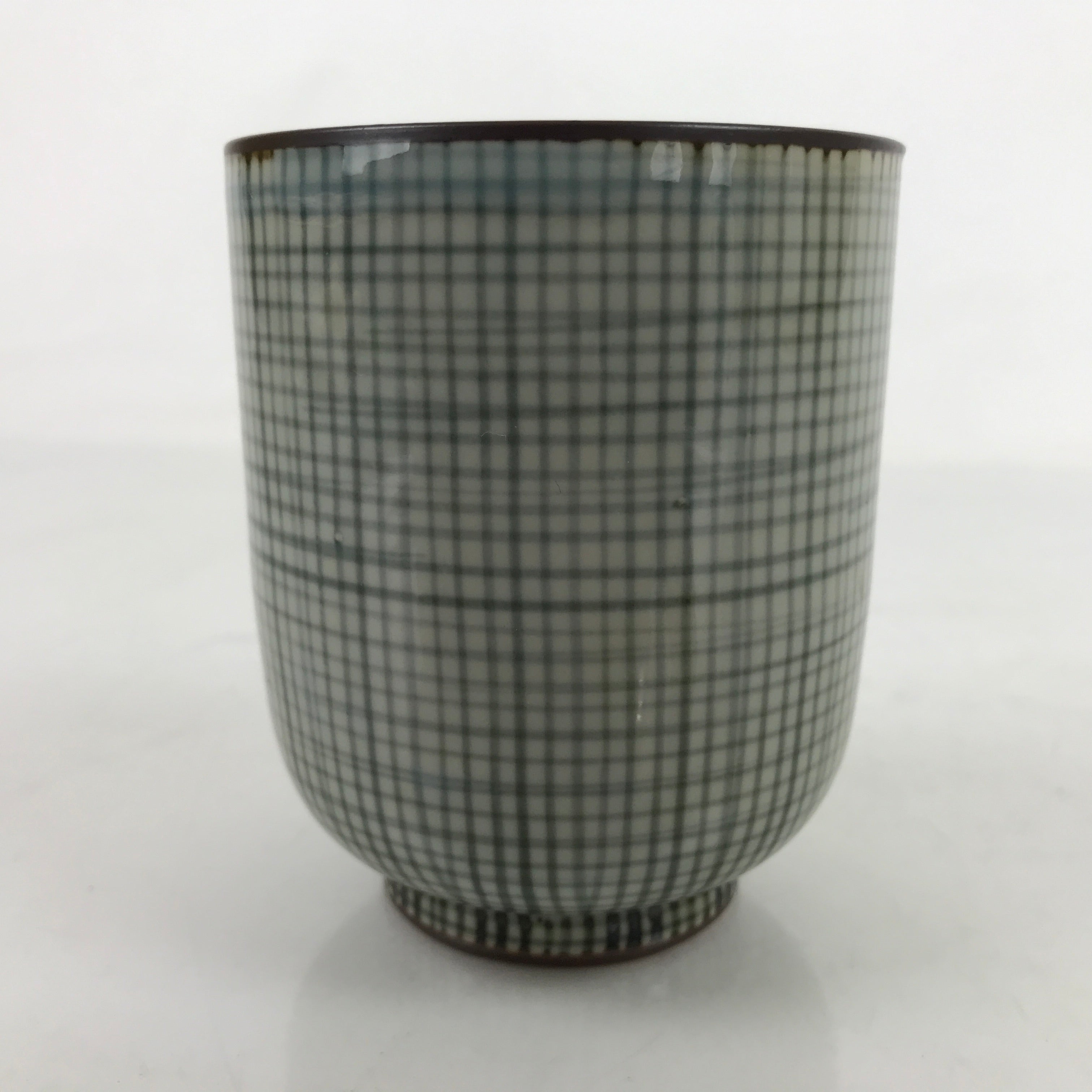 Japanese Porcelain Teacup Vtg Brown Gray Grid Pattern Sencha Yunomi TC464