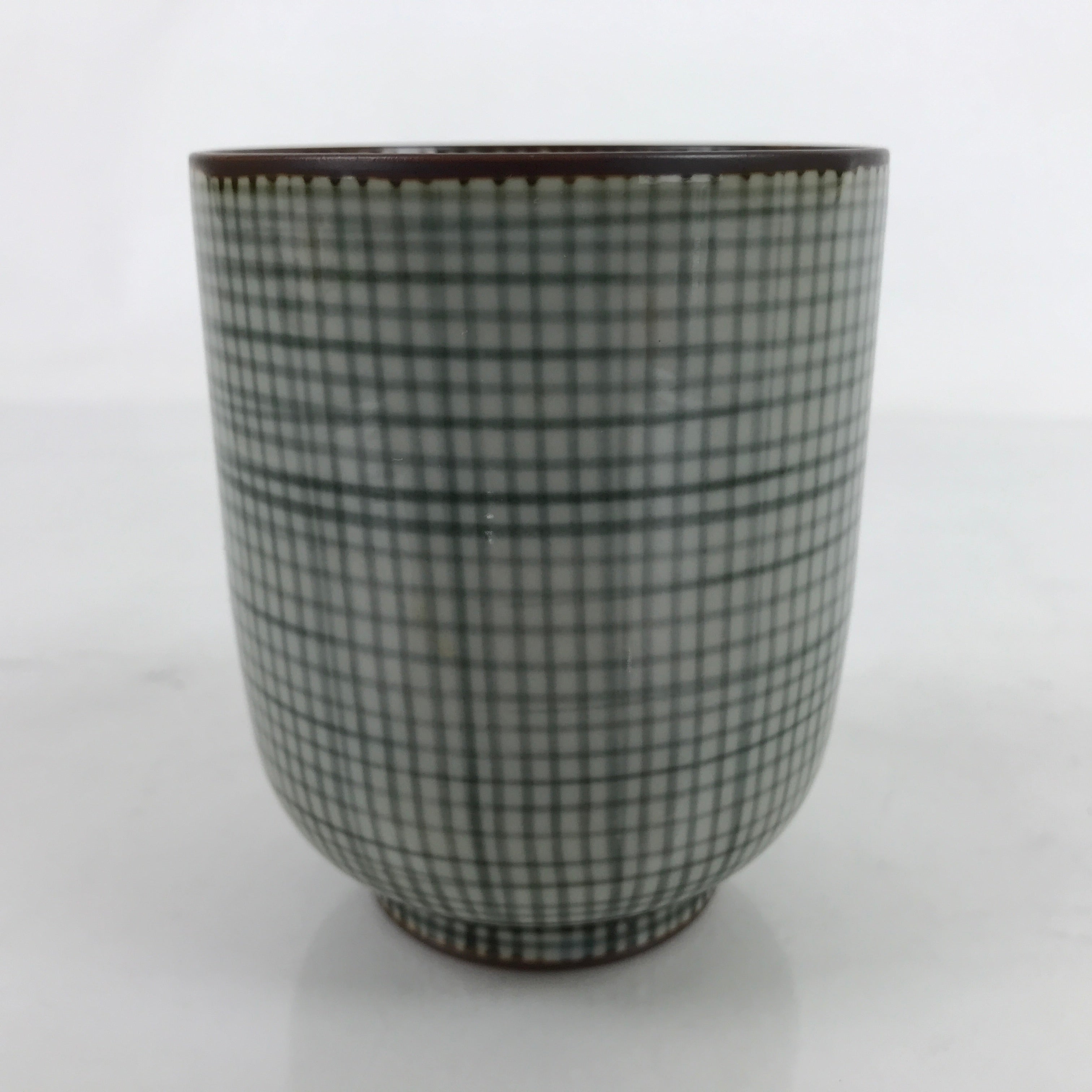 Japanese Porcelain Teacup Vtg Brown Gray Grid Pattern Sencha Yunomi TC465