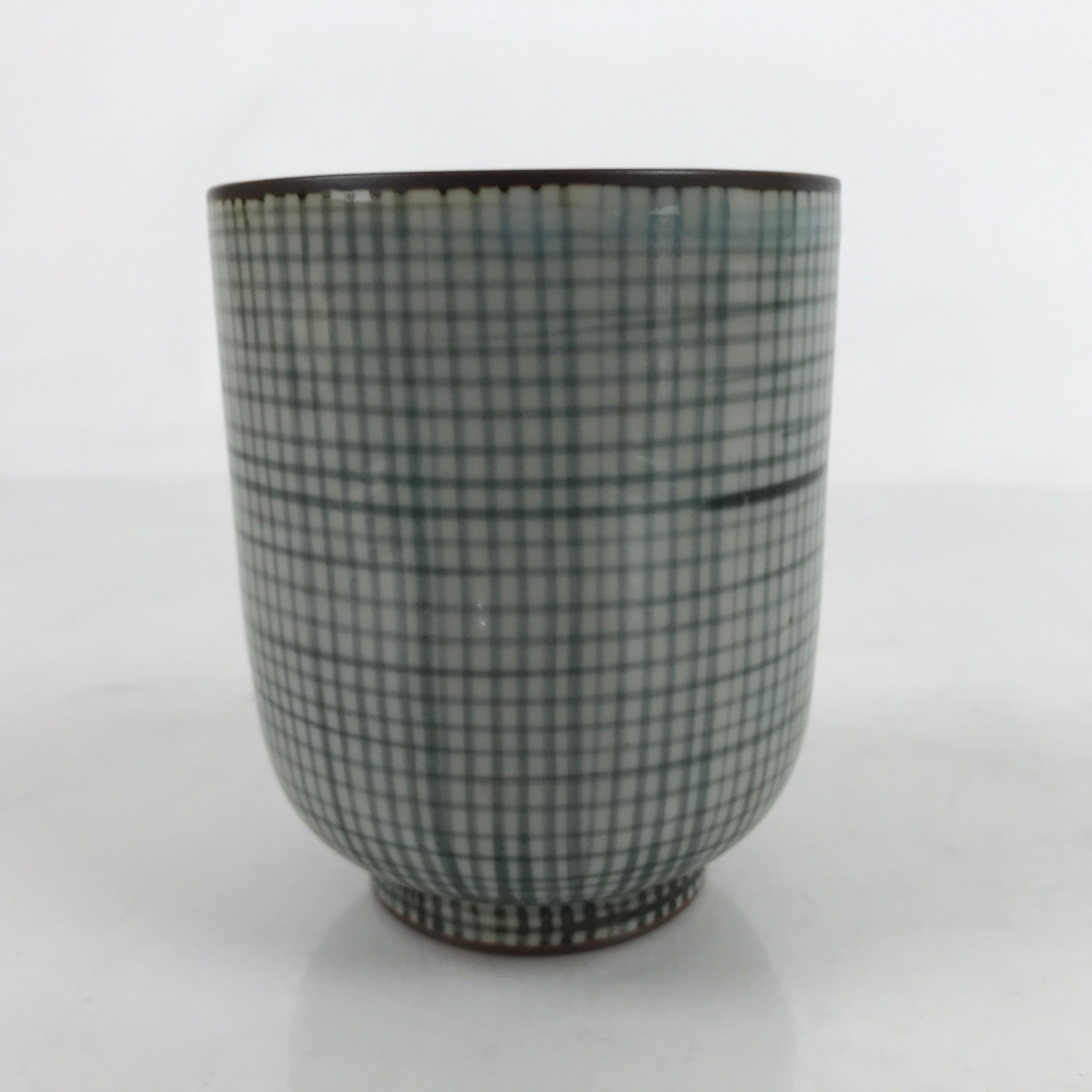 Japanese Porcelain Teacup Vtg Brown Gray Grid Pattern Sencha Yunomi TC465