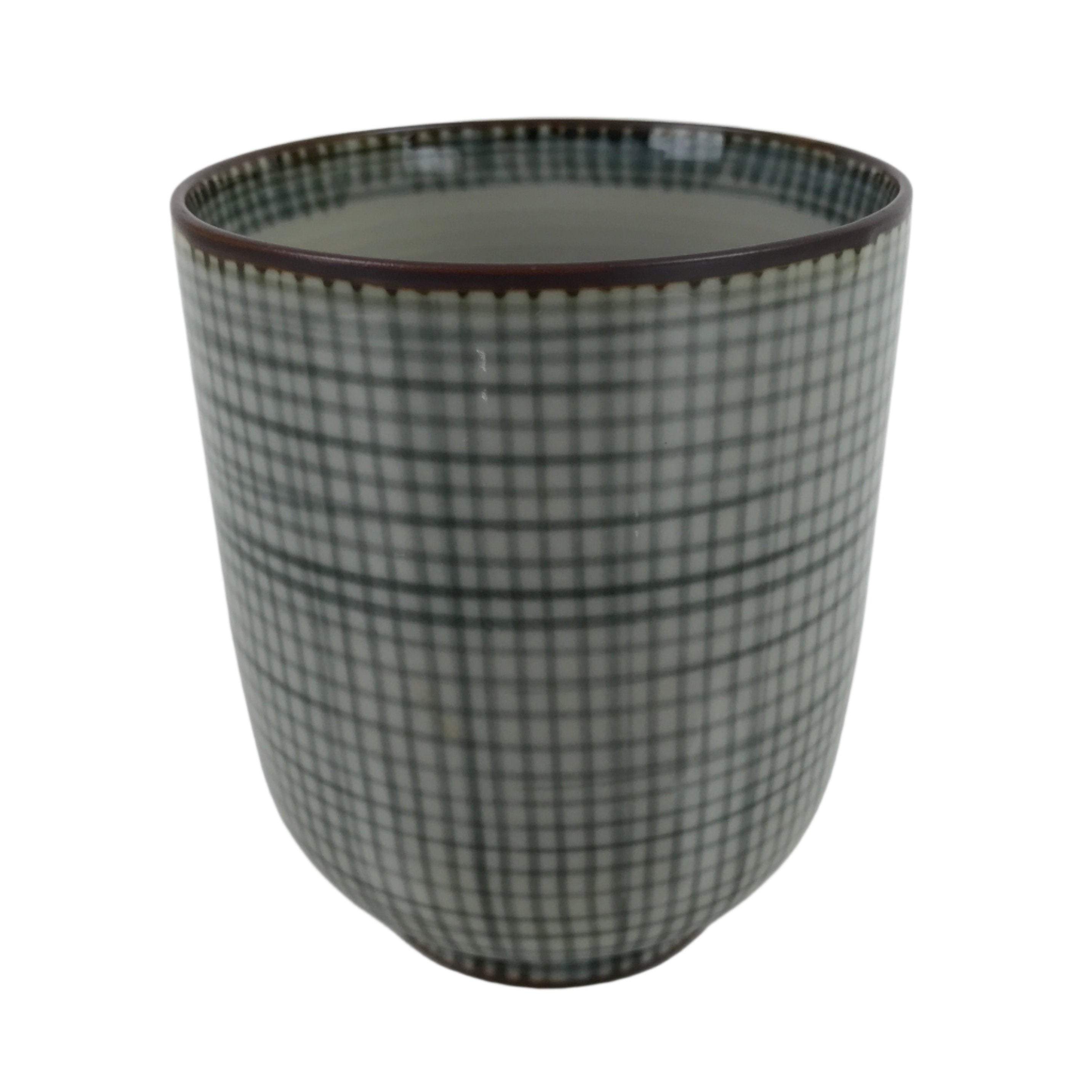 Japanese Porcelain Teacup Vtg Brown Gray Grid Pattern Sencha Yunomi TC465