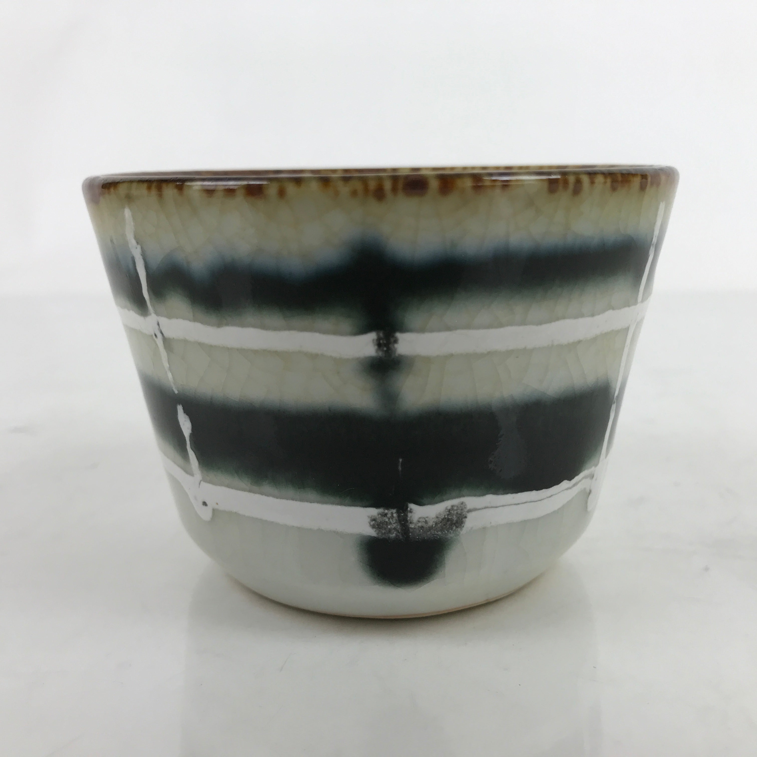 Japanese Porcelain Teacup Vtg Gray Black White Lines Ceramic Sencha Yunomi TC455