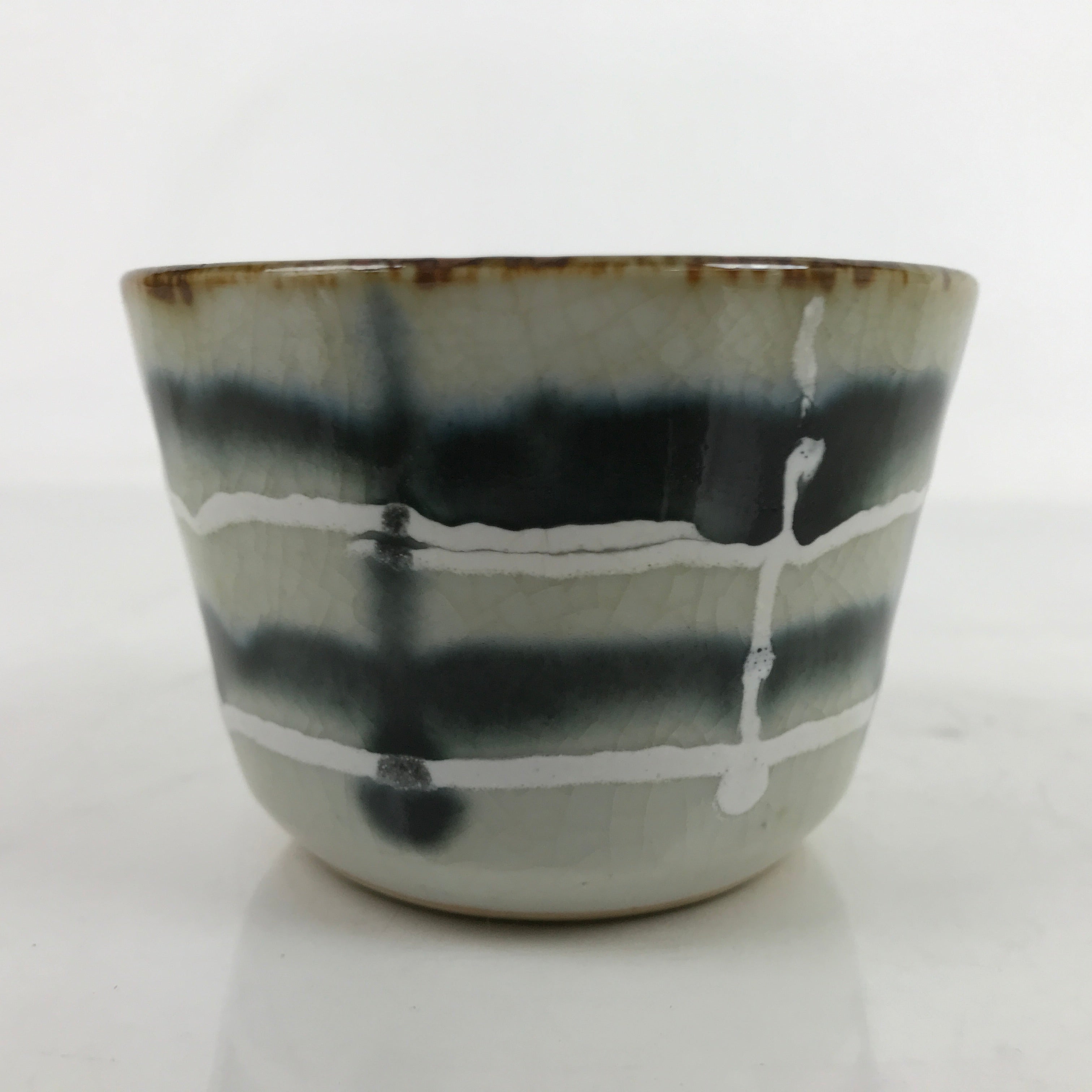 Japanese Porcelain Teacup Vtg Gray Black White Lines Ceramic Sencha Yunomi TC456