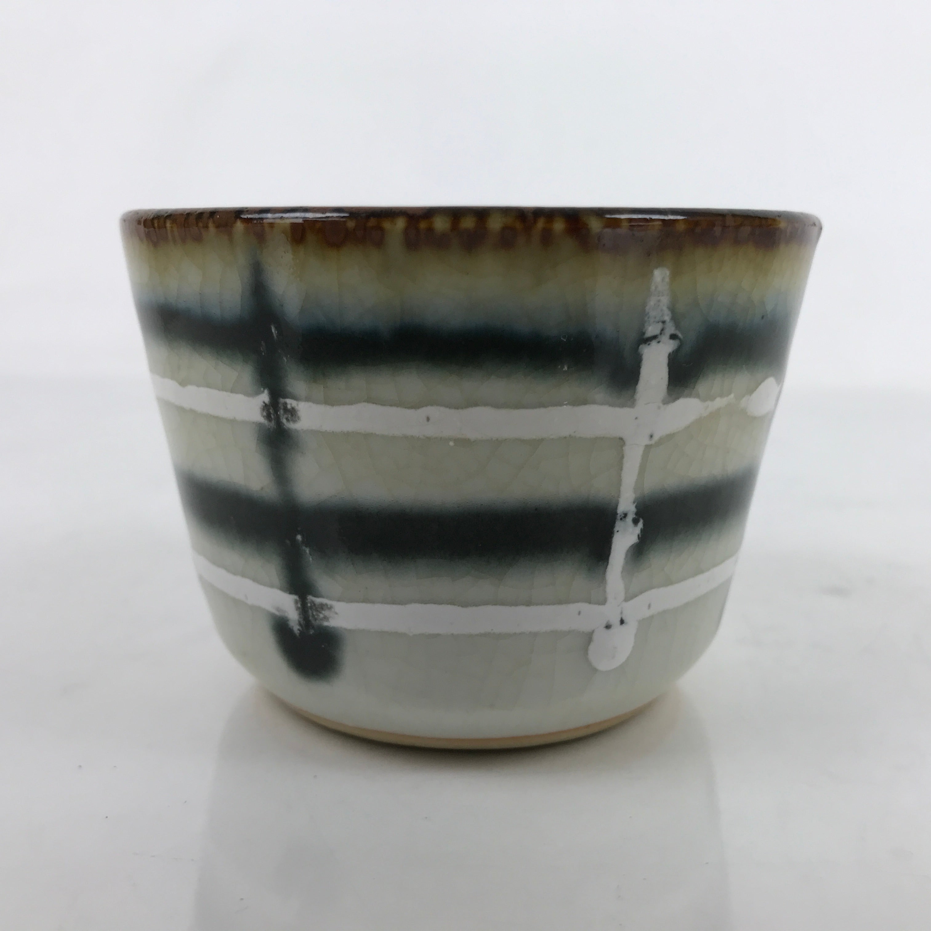 Japanese Porcelain Teacup Vtg Gray Black White Lines Ceramic Sencha Yunomi TC459