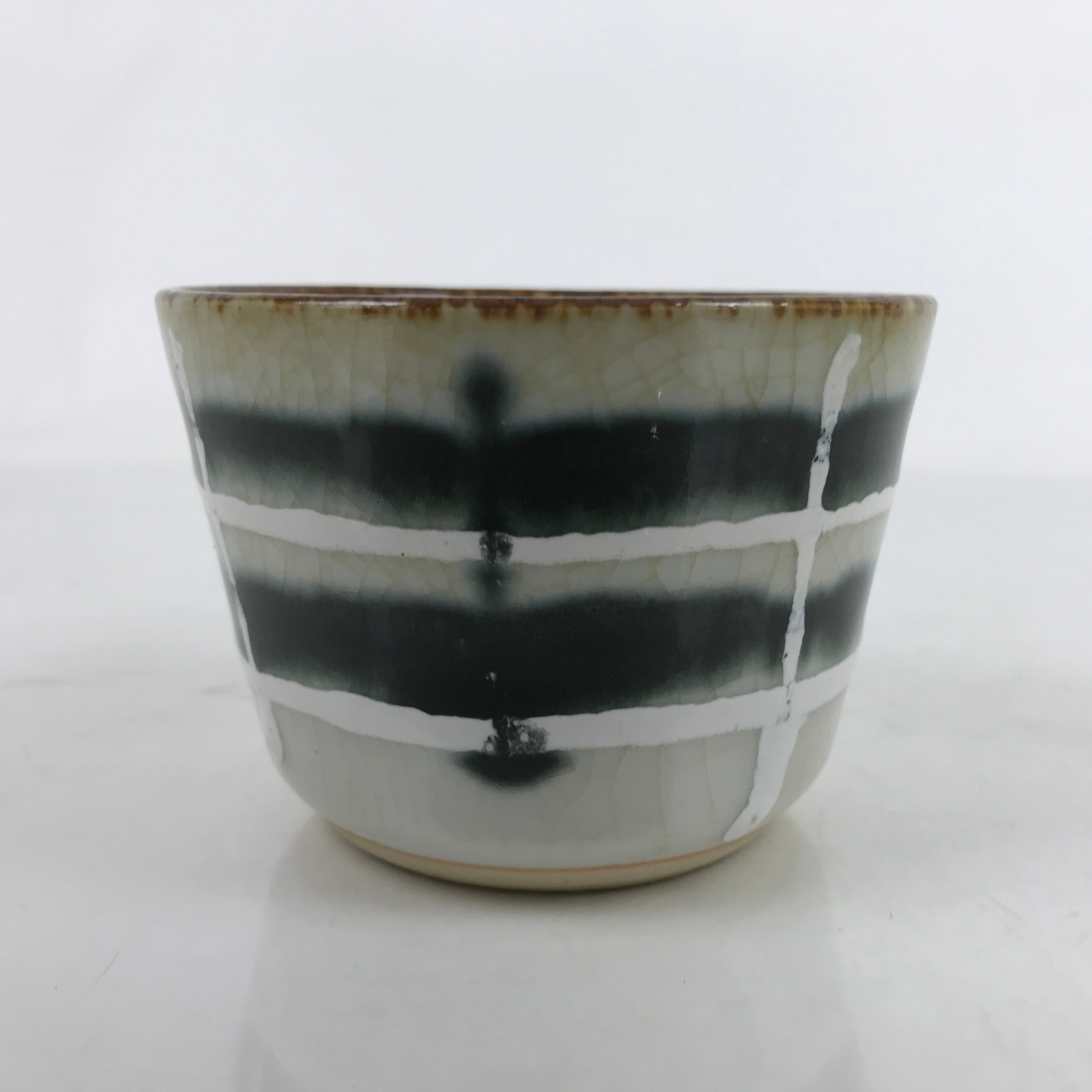 Japanese Porcelain Teacup Vtg Gray Black White Lines Ceramic Sencha Yunomi TC460