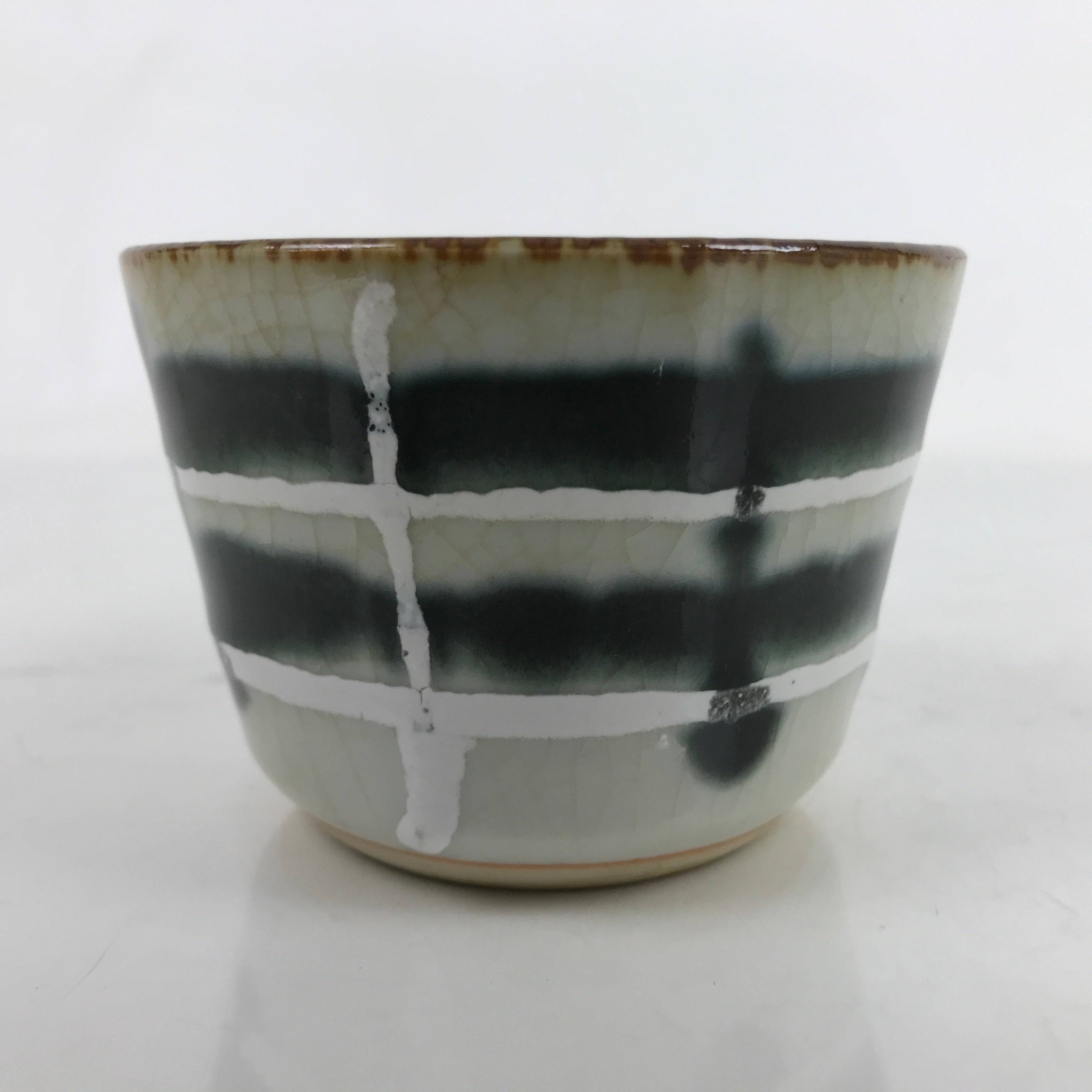 Japanese Porcelain Teacup Vtg Gray Black White Lines Ceramic Sencha Yunomi TC460