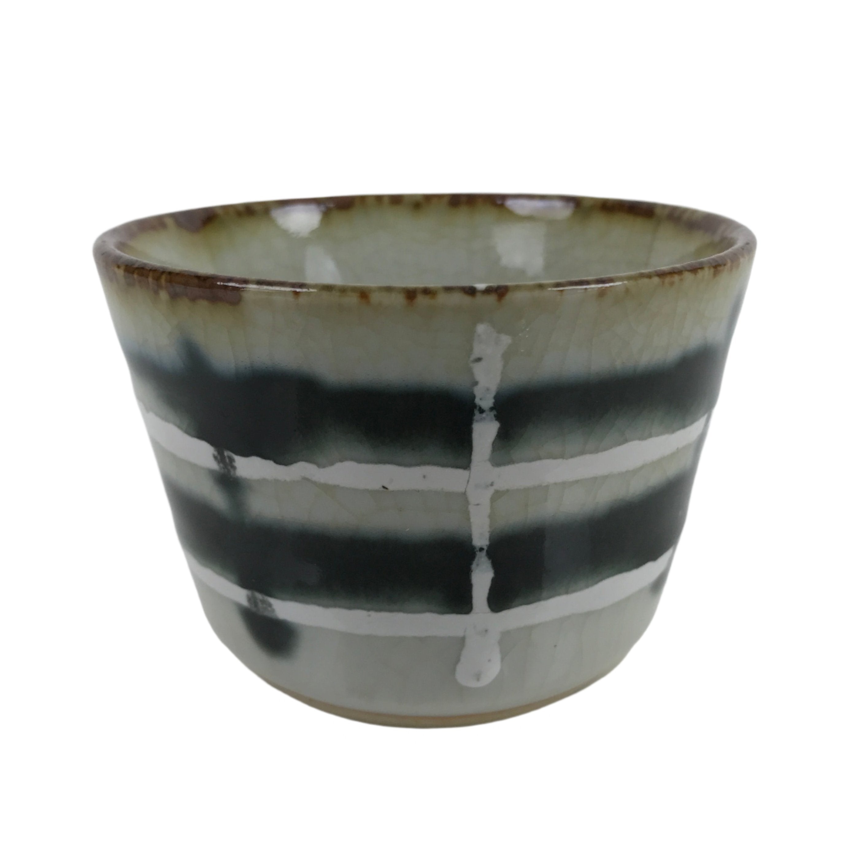 Japanese Porcelain Teacup Vtg Gray Black White Lines Ceramic Sencha Yunomi TC460