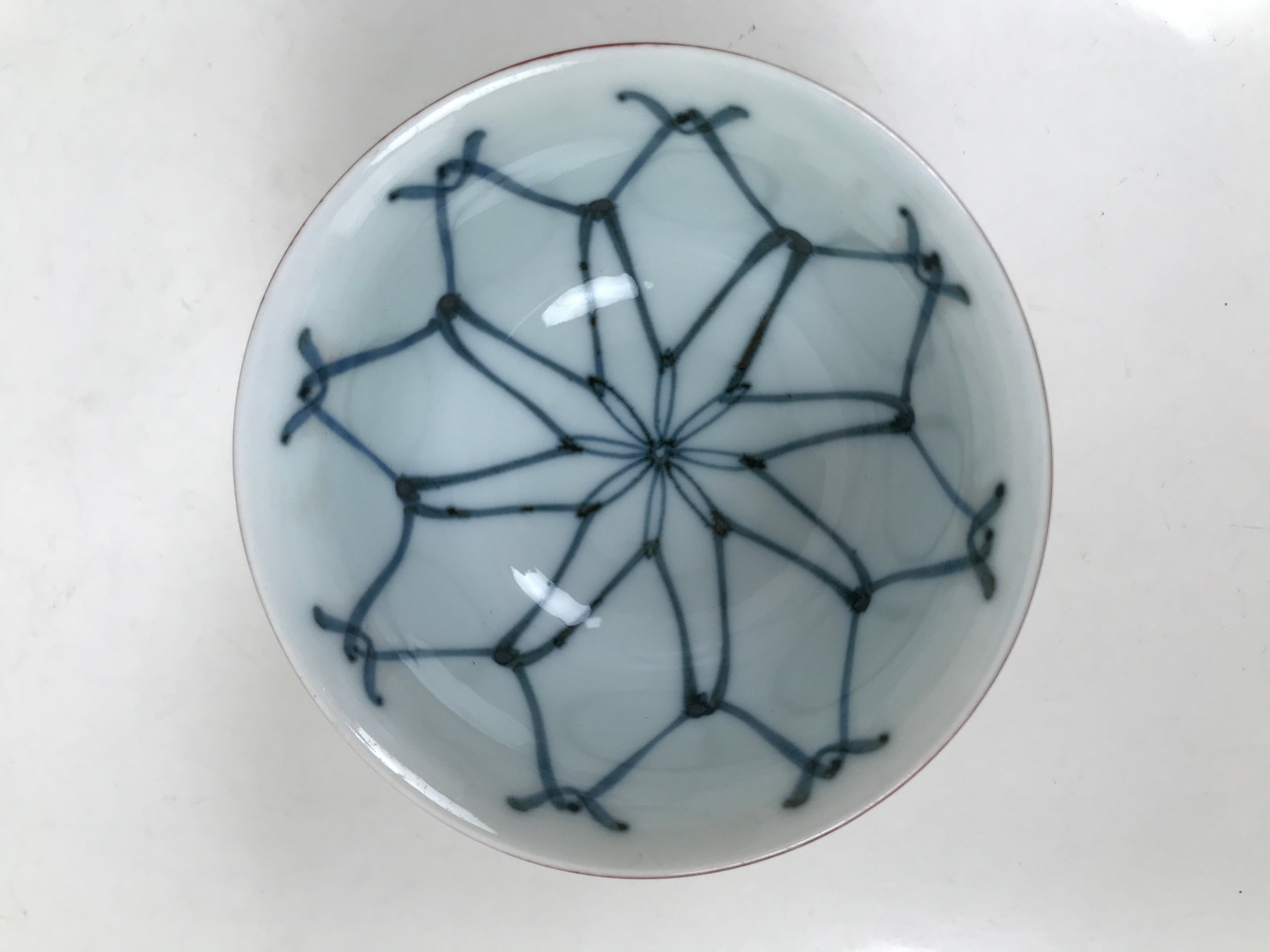 Japanese Porcelain Teacup Vtg Red White Blue Ami Net Design