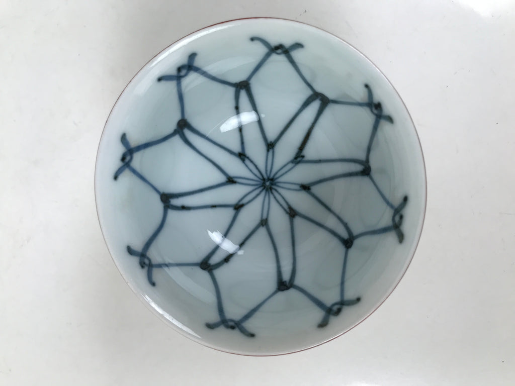 Japanese Porcelain Teacup Vtg Red White Blue Ami Net Design Sencha Yunomi TC593