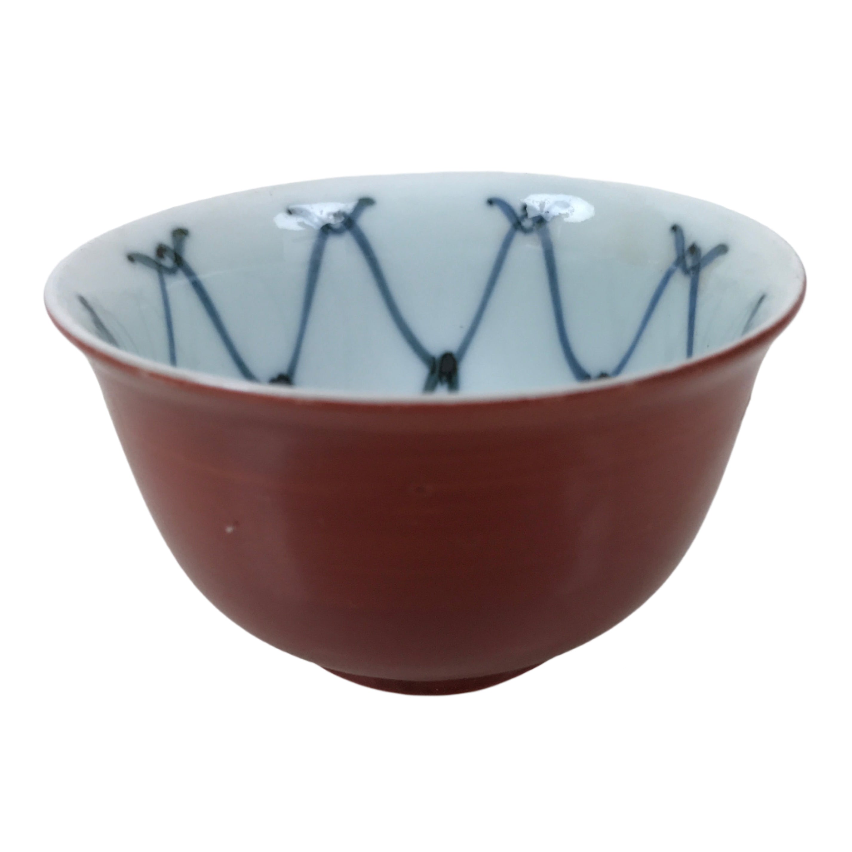 Japanese Porcelain Teacup Vtg Red White Blue Ami Net Design Sencha Yunomi TC593