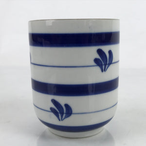 Japanese Porcelain Teacup Vtg Sometsuke White Blue Lines Pattern Yunomi TC482