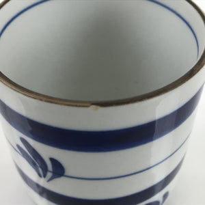 Japanese Porcelain Teacup Vtg Sometsuke White Blue Lines Pattern Yunomi TC482