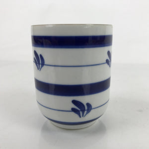 Japanese Porcelain Teacup Vtg Sometsuke White Blue Lines Pattern Yunomi TC494