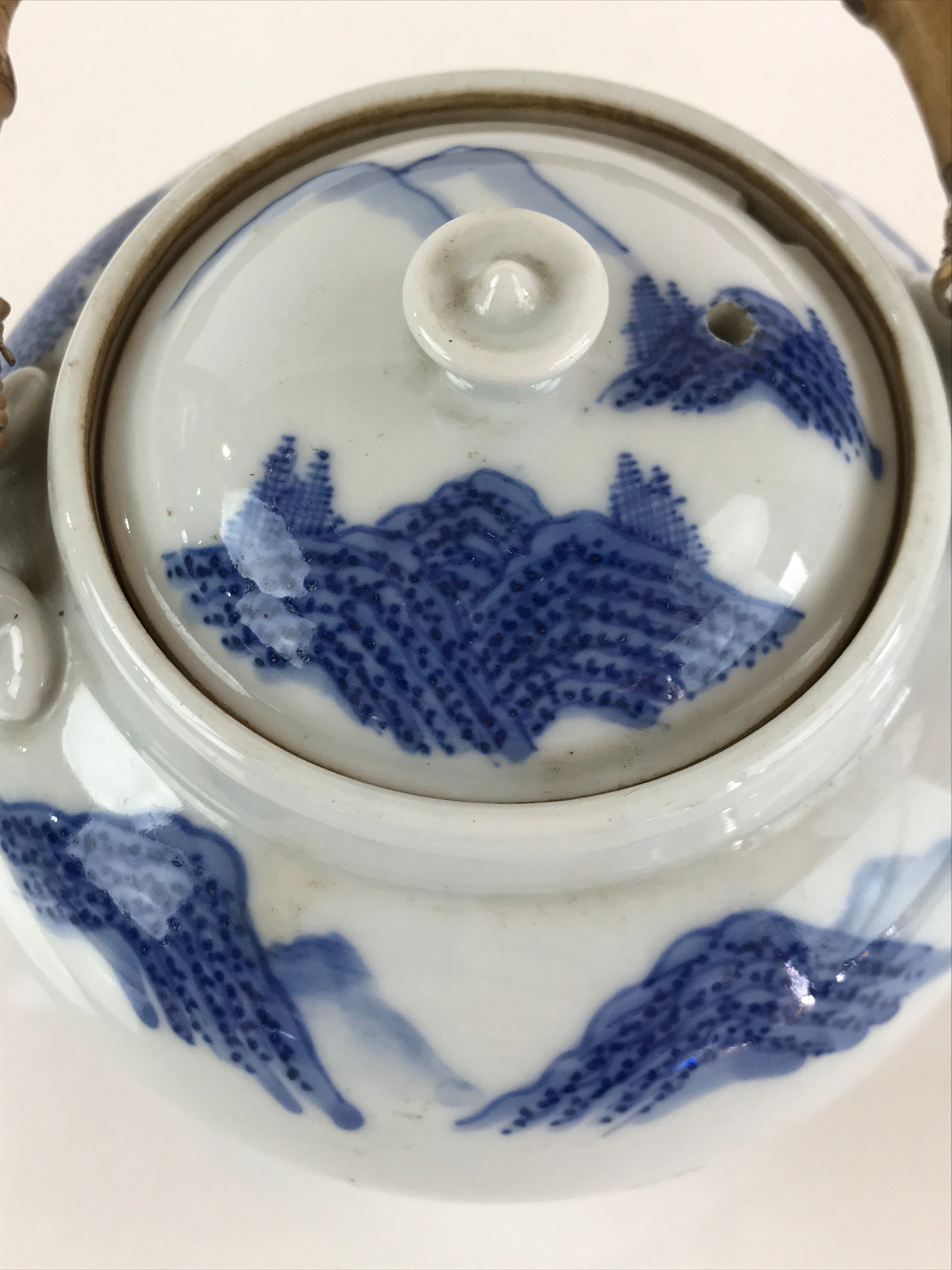 Japanese Porcelain Teapot Vtg Kyusu Pottery Sencha Blue Sometsuke Handle PY150