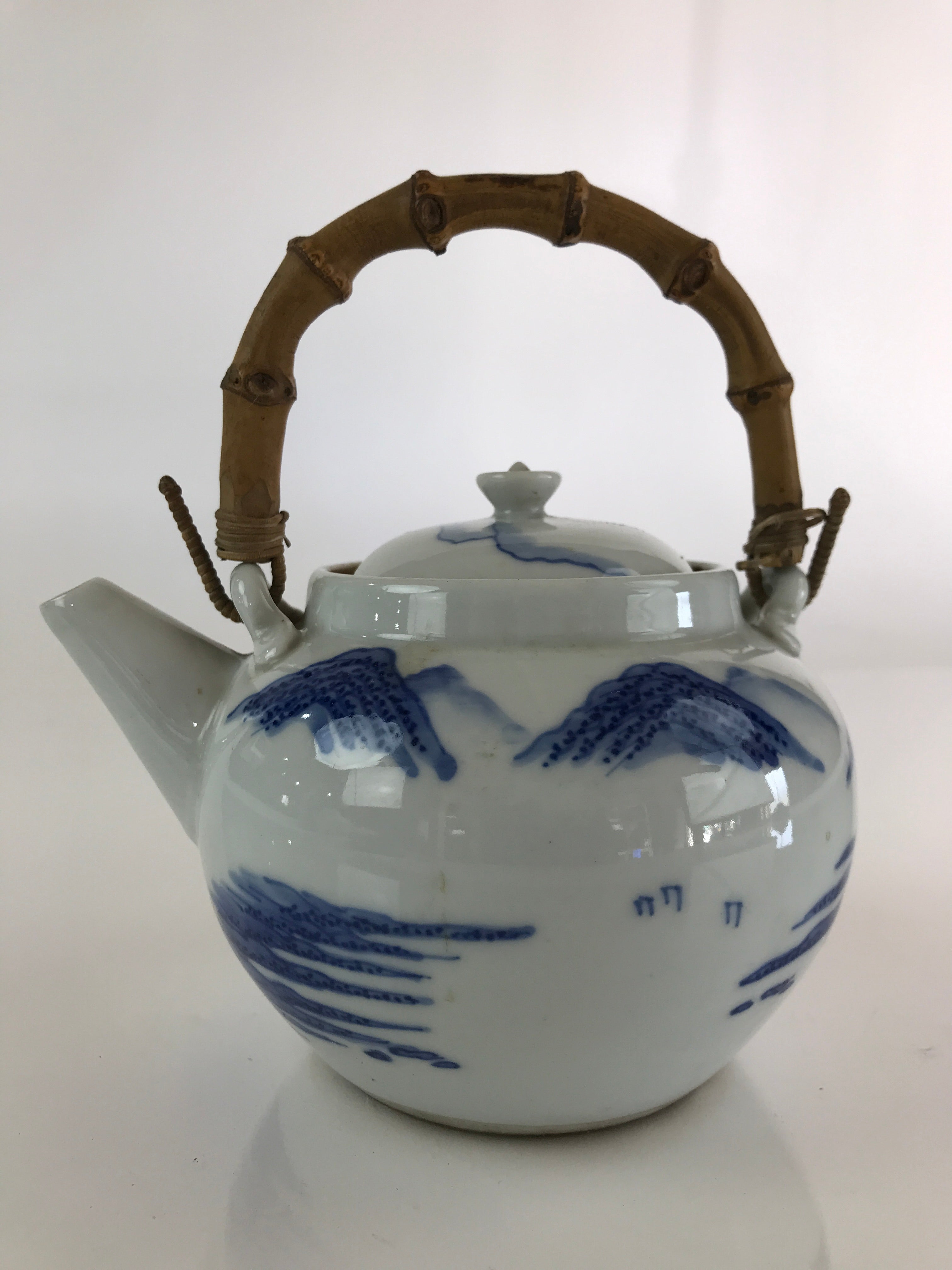 Japanese Porcelain Teapot Vtg Kyusu Pottery Sencha Blue Sometsuke Handle PY150