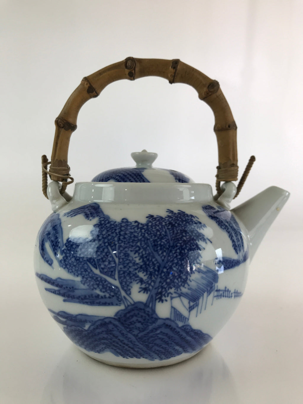 Japanese Porcelain Teapot Vtg Kyusu Pottery Sencha Blue Sometsuke Handle PY150