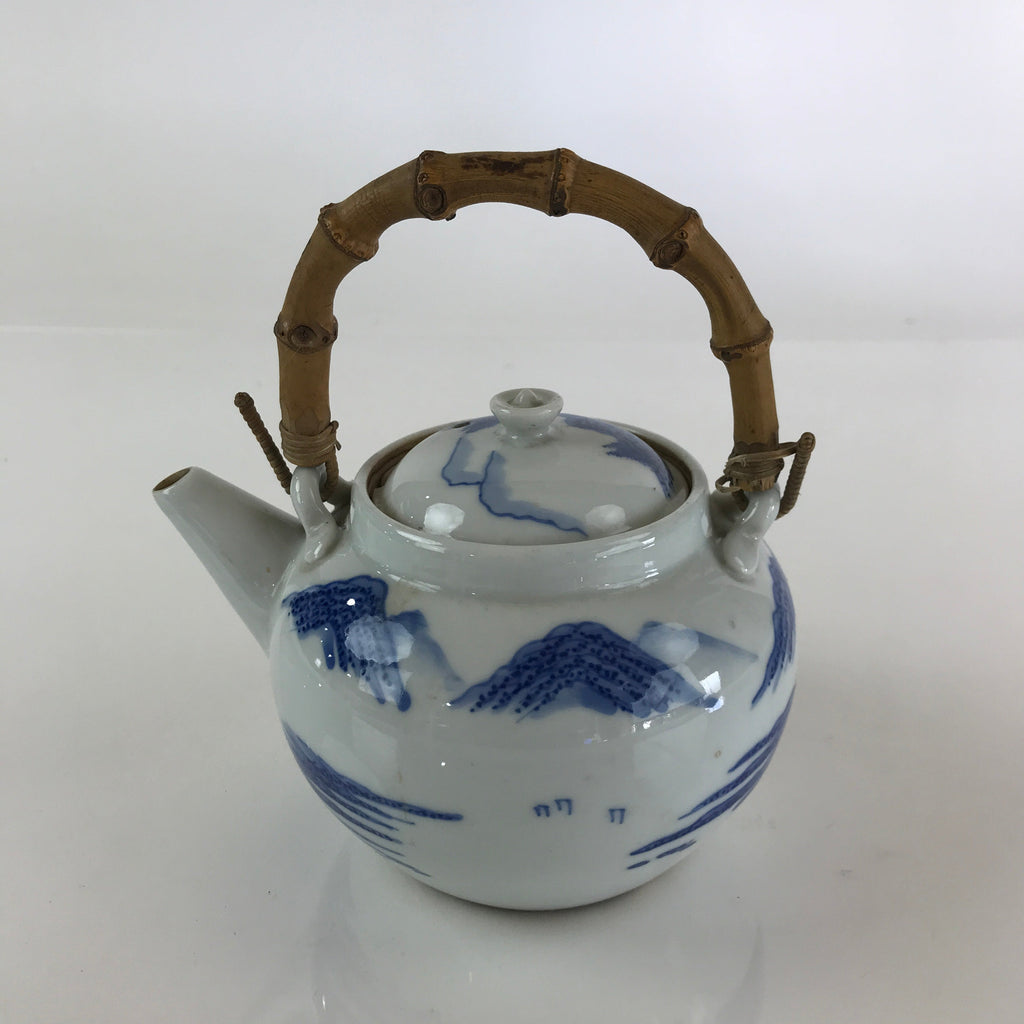 Japanese Porcelain Teapot Vtg Kyusu Pottery Sencha Blue Sometsuke Handle PY150