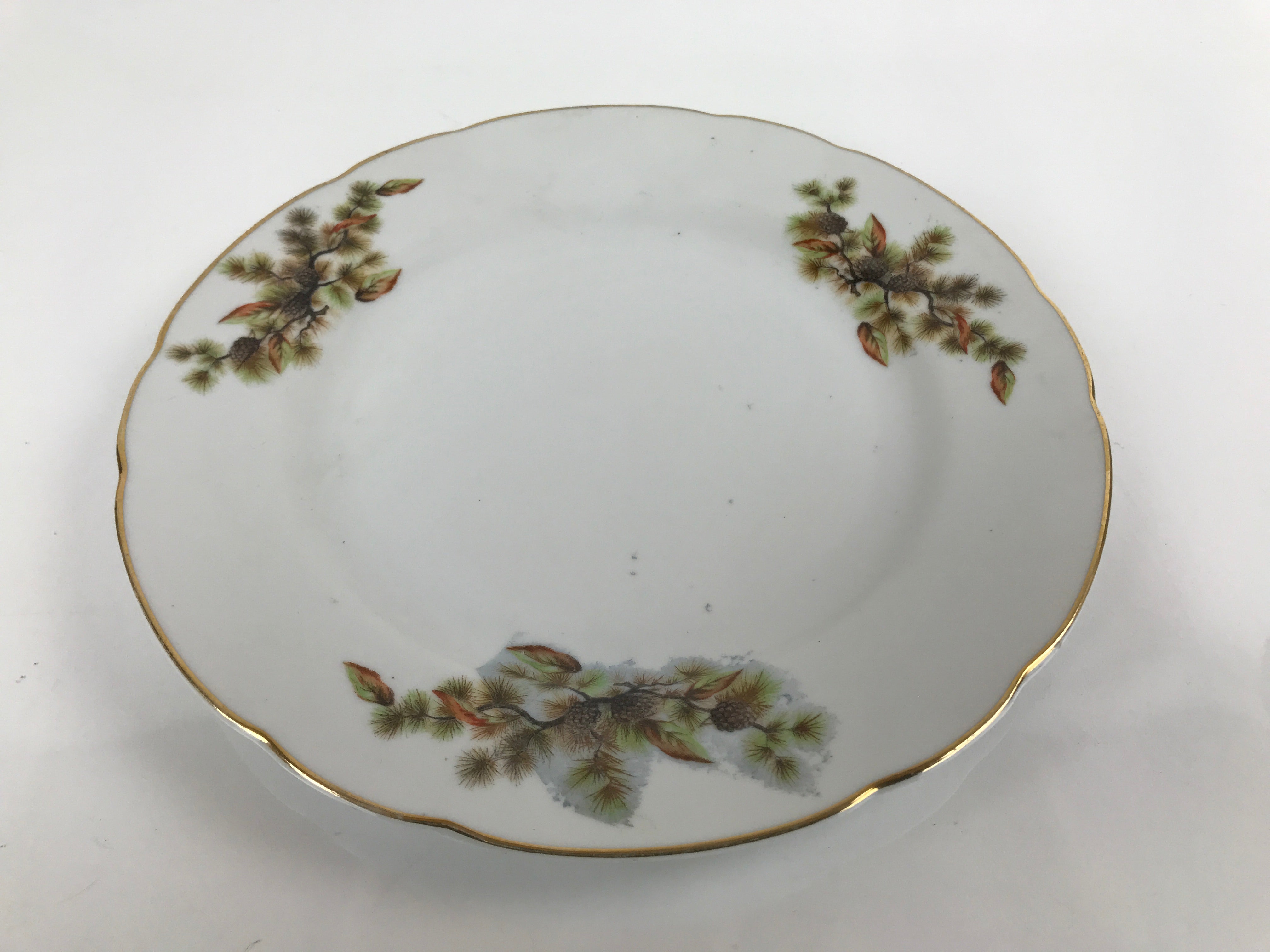 Japanese Porcelain Tono China Plate Vtg Pine Cones Tree Leaves Gold Rim PY816