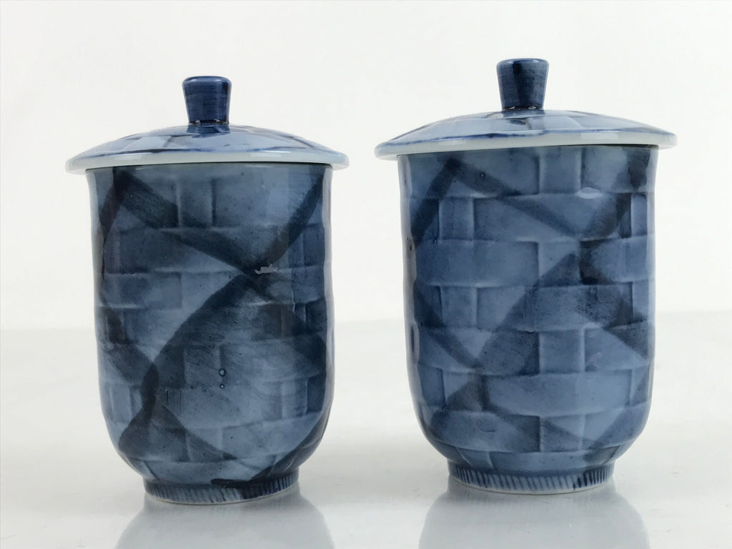 Japanese Porcelain Yunomi Lidded Tea Cup Pair Vox Records Blue Gold W/ Box PX736