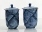 Japanese Porcelain Yunomi Lidded Tea Cup Pair Vox Records Blue Gold W/ Box PX736