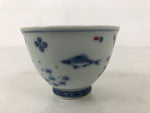 Japanese Porcelain Yunomi Teacup Pottery Vtg White Blue Hishi Fish Sencha TC587