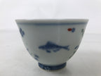 Japanese Porcelain Yunomi Teacup Pottery Vtg White Blue Hishi Fish Sencha TC588