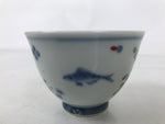 Japanese Porcelain Yunomi Teacup Pottery Vtg White Blue Hishi Fish Sencha TC588