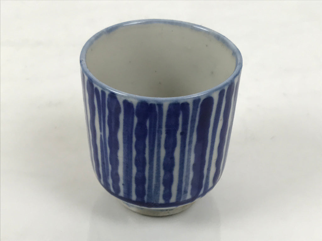 Japanese Porcelain Yunomi Teacup Pottery Vtg White Blue Sometsuke Stripe TC618