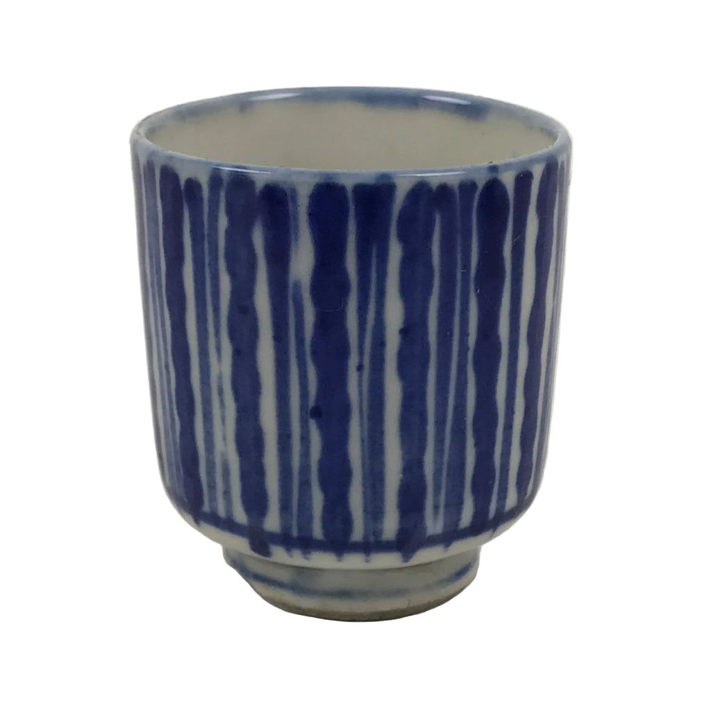Japanese Porcelain Yunomi Teacup Pottery Vtg White Blue Sometsuke Stripe TC618
