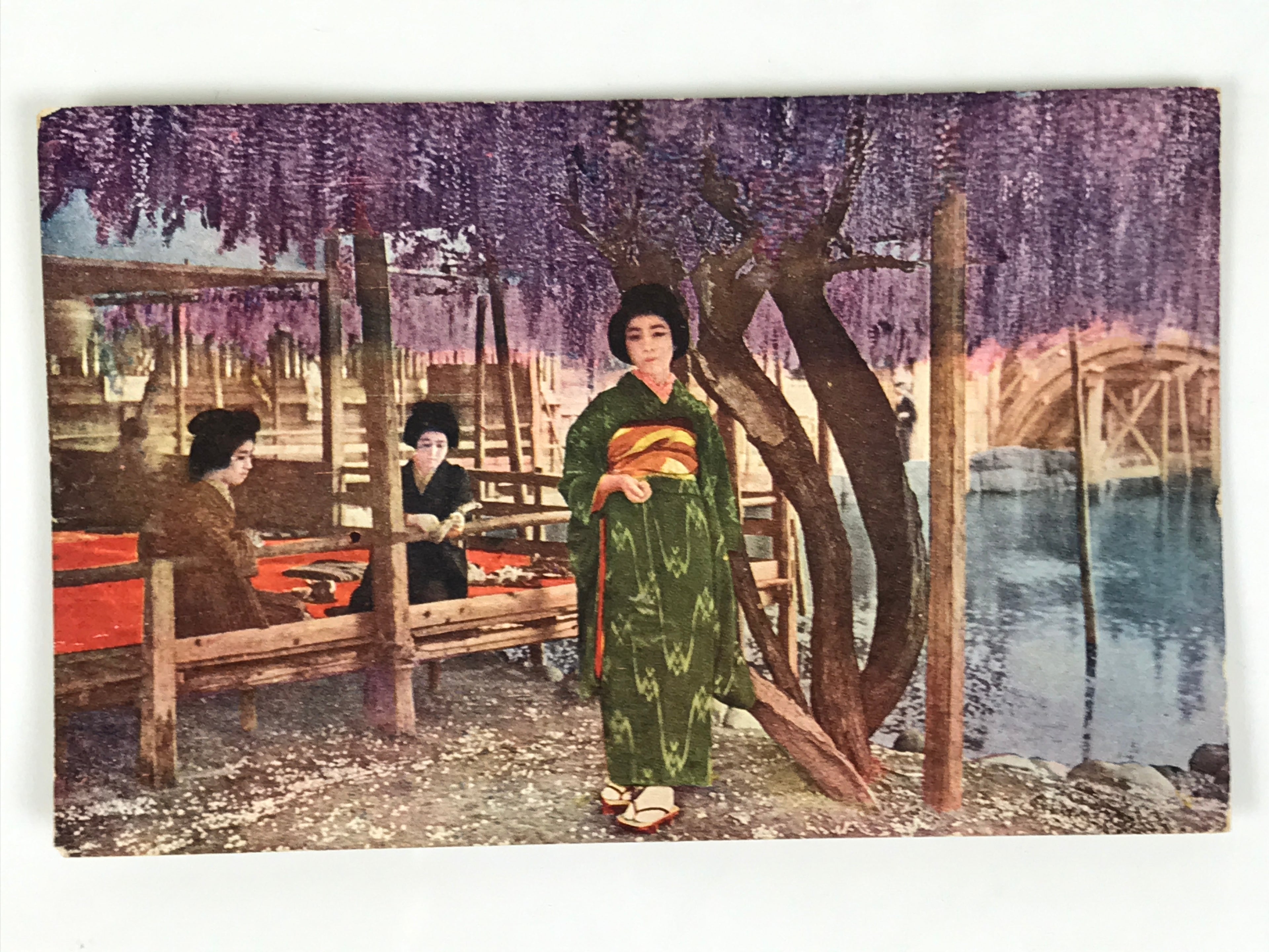 Japanese Postcard Wisteria Kimono Women C1930 Showa Color Photography PC178