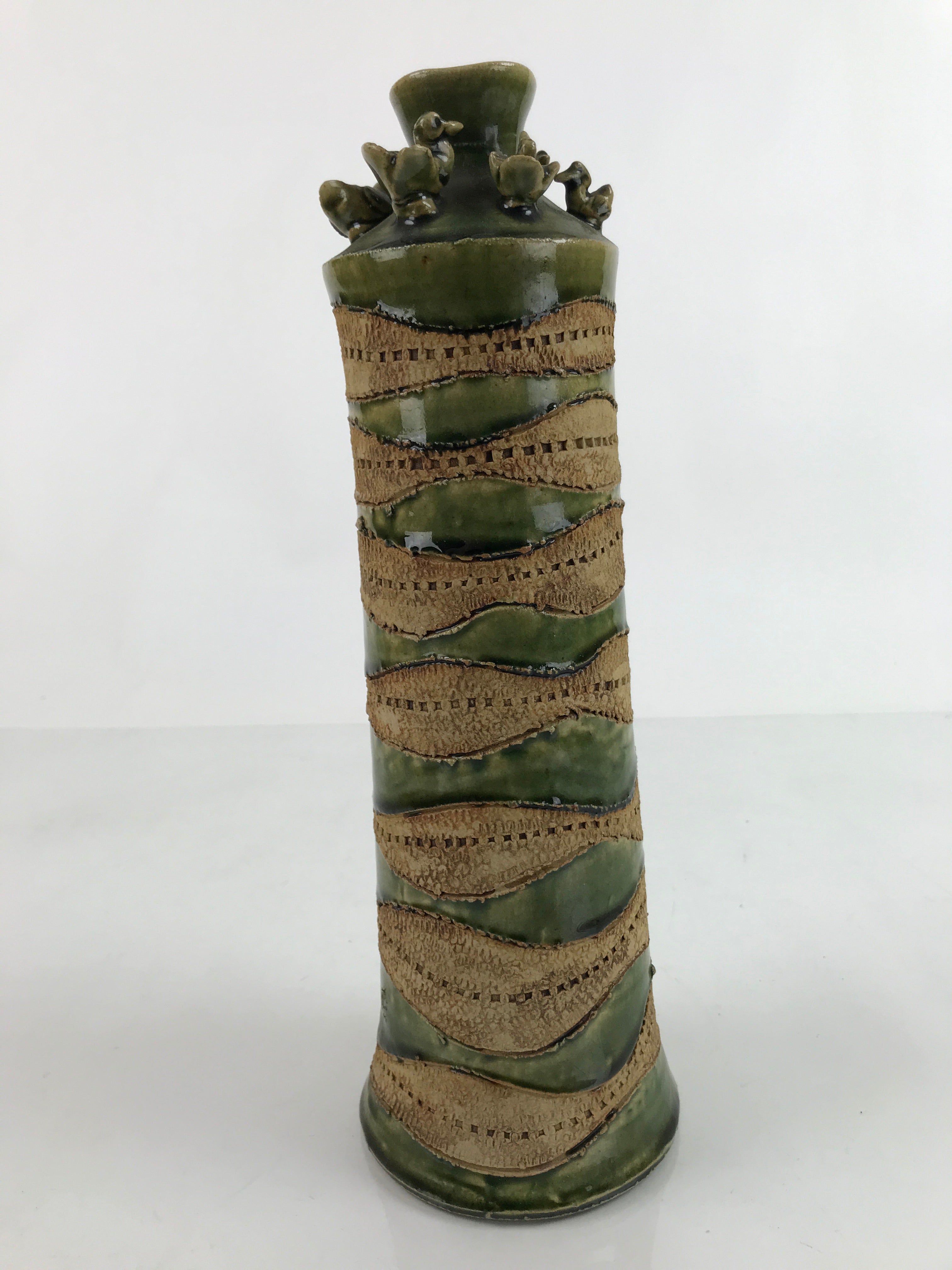 Japanese Pottery Flower Vase Vtg Long Tall Oribe Decorative Ducks Green PX743