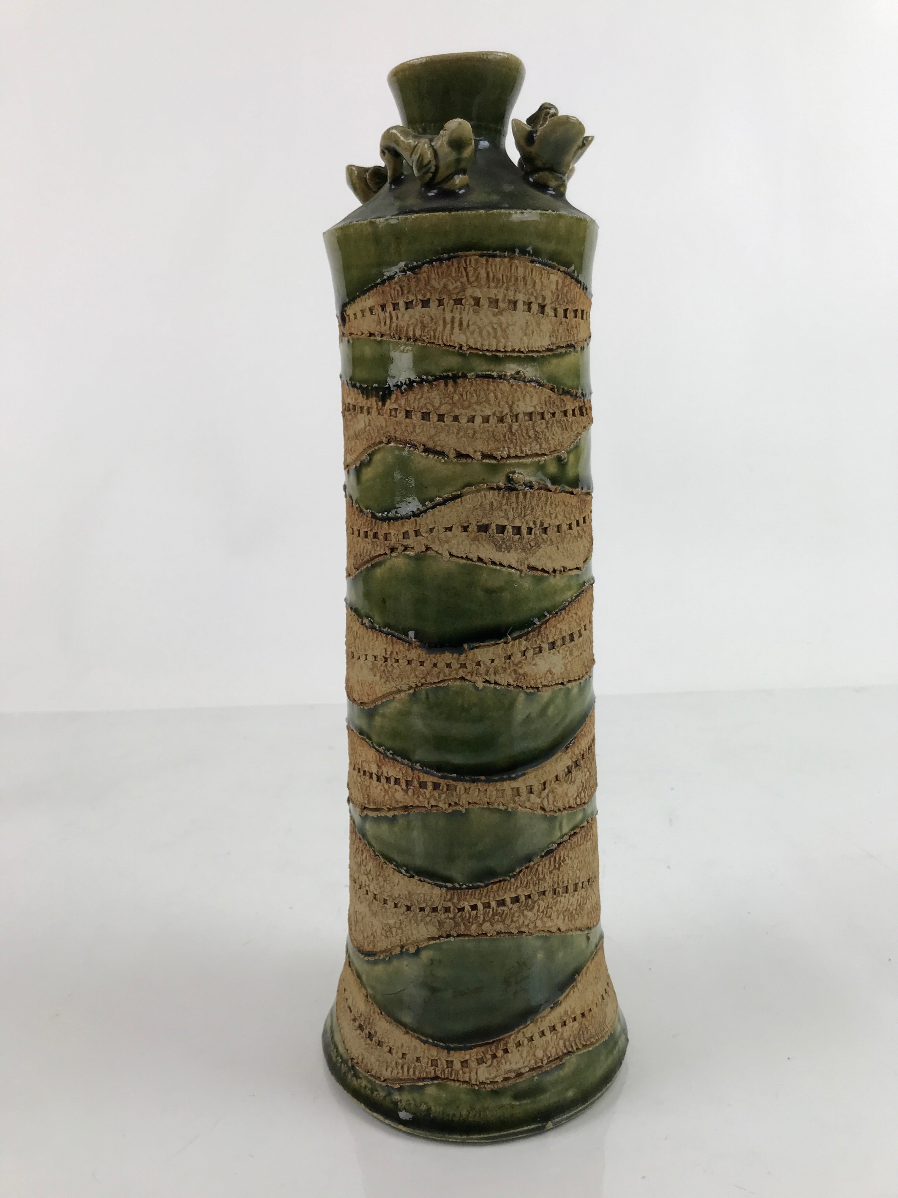 Japanese Pottery Flower Vase Vtg Long Tall Oribe Decorative Ducks Green PX743