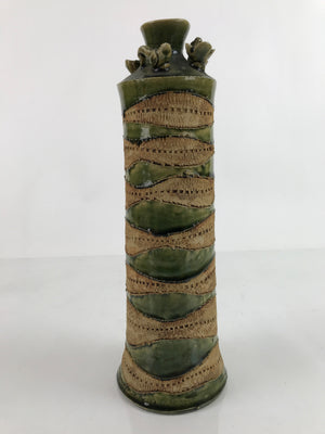 Japanese Pottery Flower Vase Vtg Long Tall Oribe Decorative Ducks Green PX743