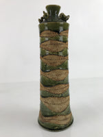 Japanese Pottery Flower Vase Vtg Long Tall Oribe Decorative Ducks Green PX743